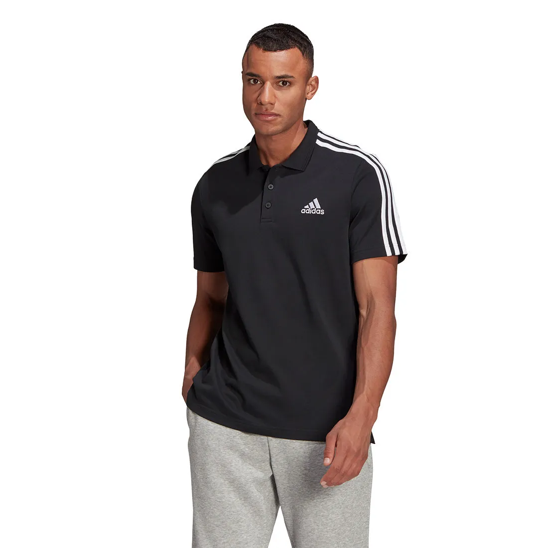ADIDAS MEN AEROREADY ESSENTIALS PIQUAA EMBROIDERED SMALL LOGO 3-STRIPES POLO BLACK