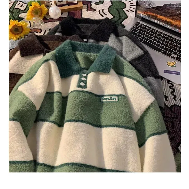 Aidase POLO Collar Sweater Boys Stripe Academy Winter Slouchy Style Man Clothes Retro Autumn Winter Thickened Coat Knit Sweater Men