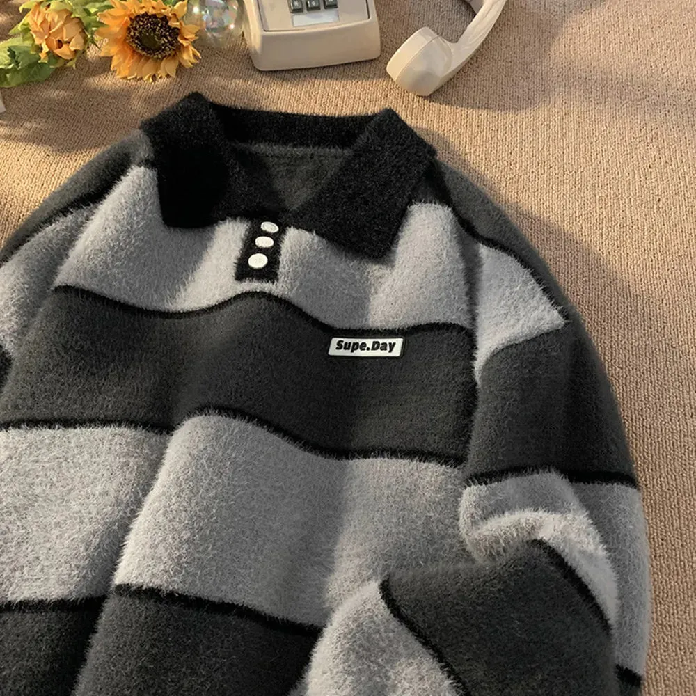 Aidase POLO Collar Sweater Boys Stripe Academy Winter Slouchy Style Man Clothes Retro Autumn Winter Thickened Coat Knit Sweater Men