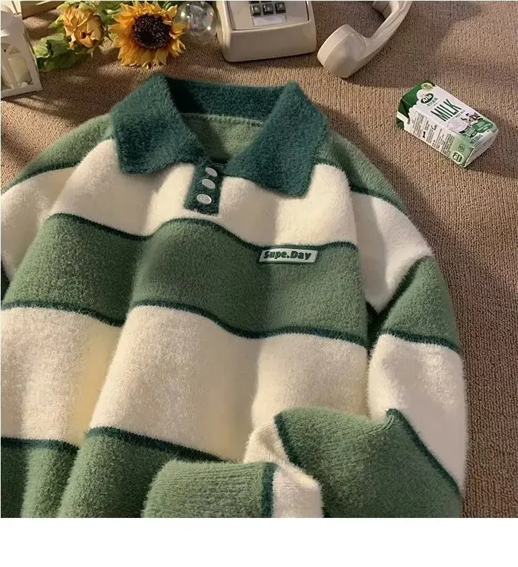 Aidase POLO Collar Sweater Boys Stripe Academy Winter Slouchy Style Man Clothes Retro Autumn Winter Thickened Coat Knit Sweater Men