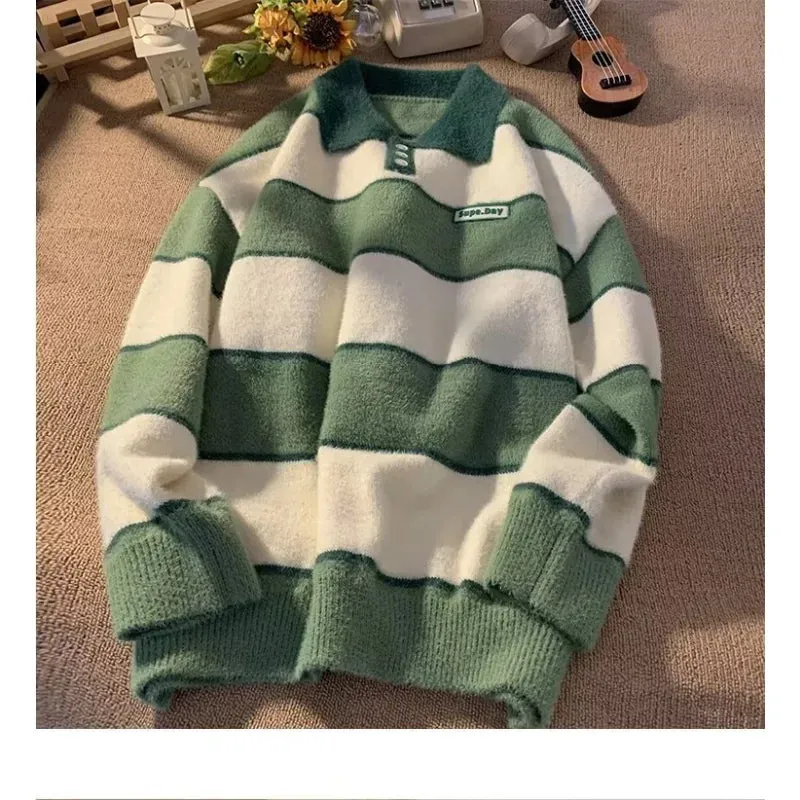 Aidase POLO Collar Sweater Boys Stripe Academy Winter Slouchy Style Man Clothes Retro Autumn Winter Thickened Coat Knit Sweater Men