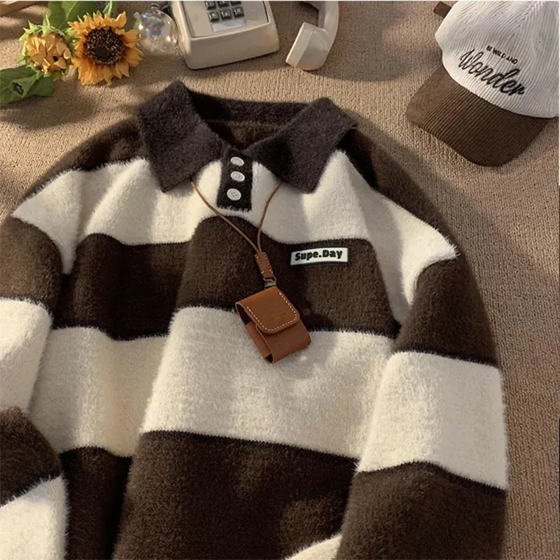 Aidase POLO Collar Sweater Boys Stripe Academy Winter Slouchy Style Man Clothes Retro Autumn Winter Thickened Coat Knit Sweater Men