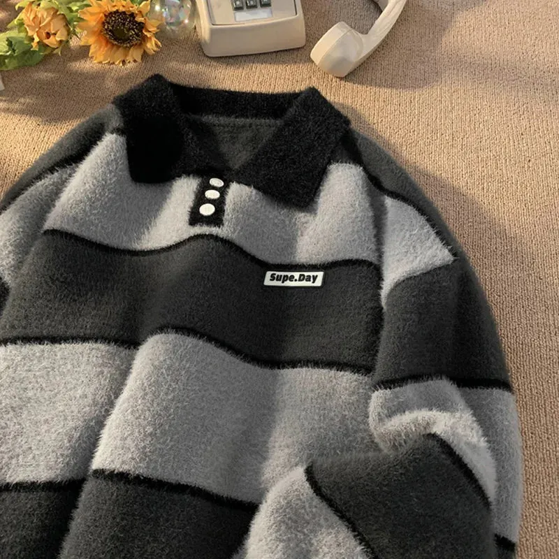 Aidase POLO Collar Sweater Boys Stripe Academy Winter Slouchy Style Man Clothes Retro Autumn Winter Thickened Coat Knit Sweater Men
