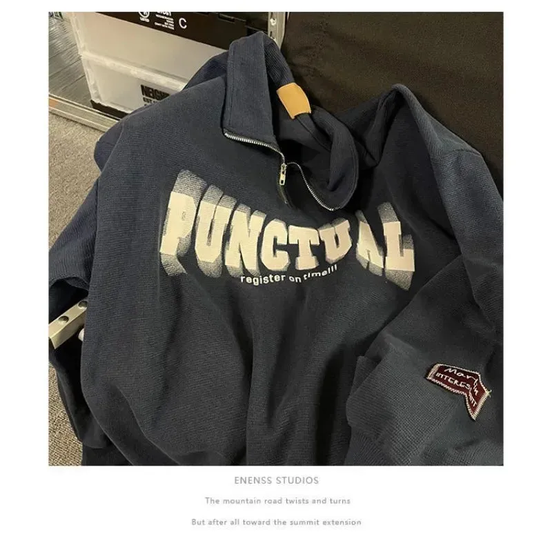 Aidase Polo Shirts Men's Half Zipper Sweater Women's Autumn New Turndown Collar Retro Loose Oversize Long-sleeved Letter Print Top Tees
