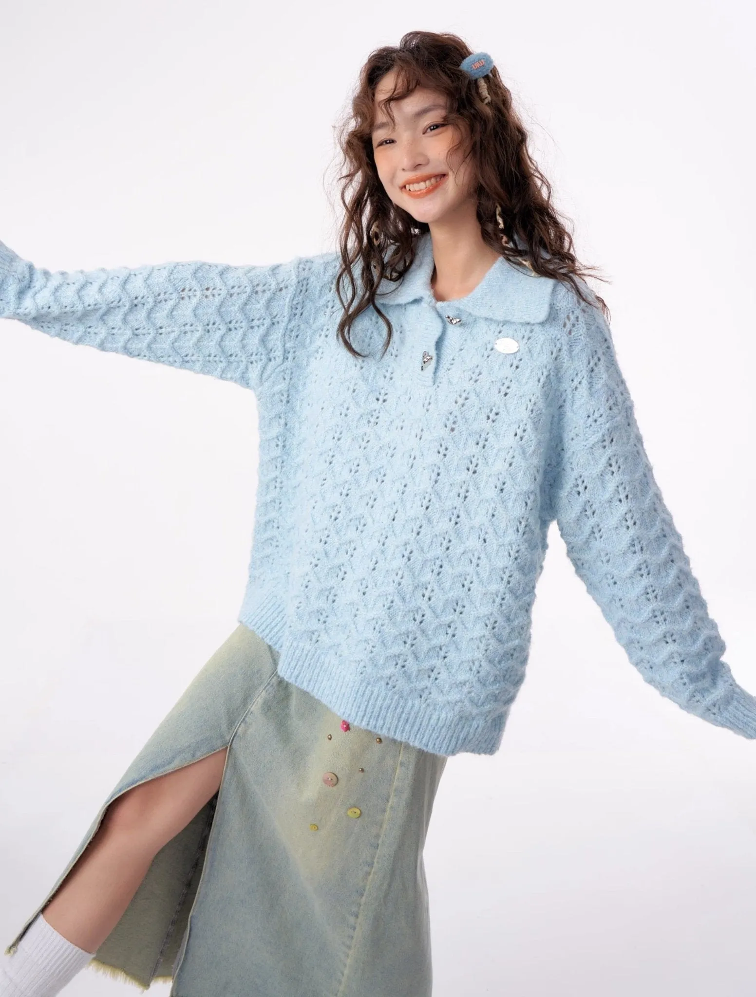 American Retro Gentle Hollow Texture Polo Collar Sweater ZIZ0009