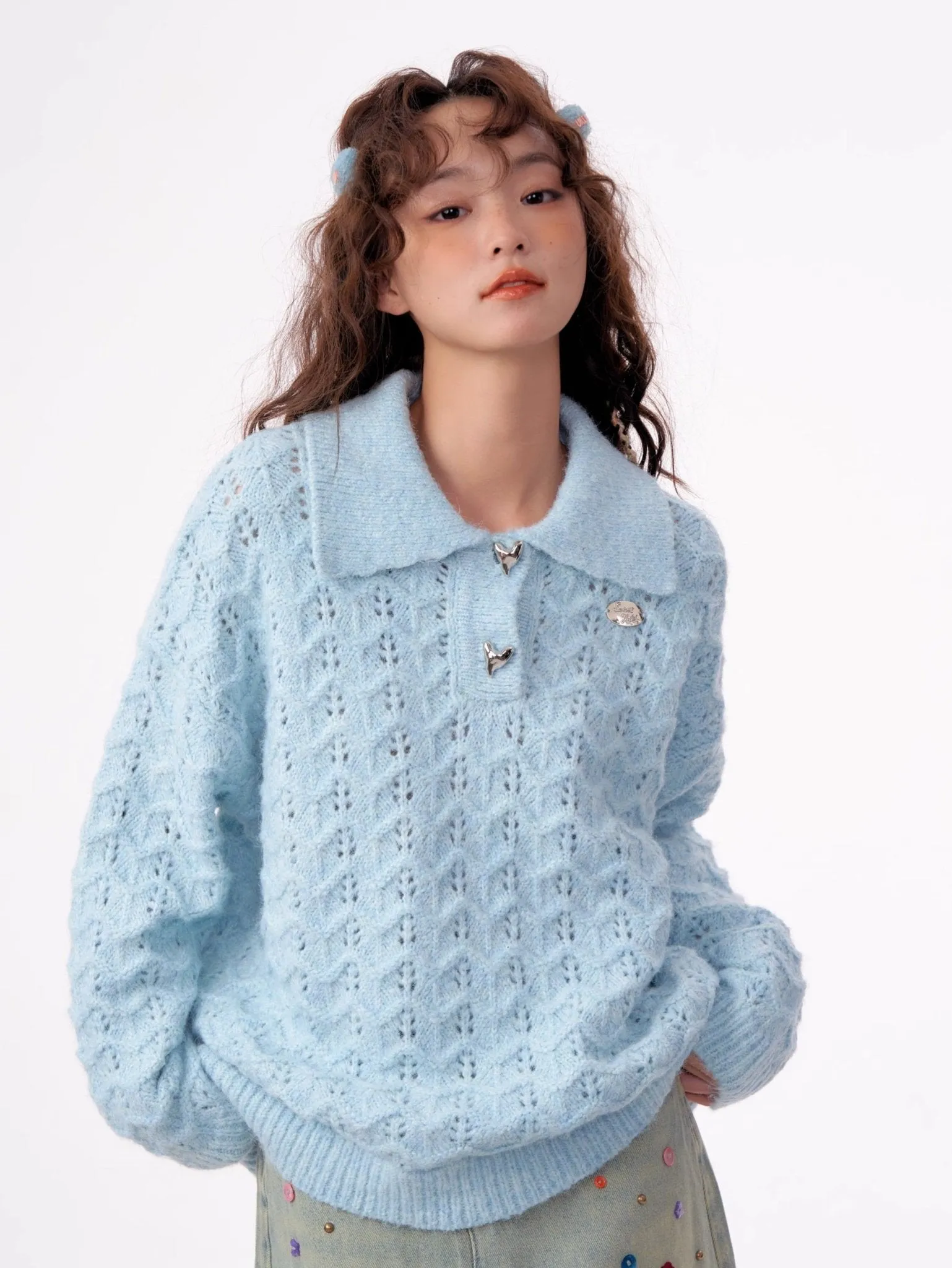 American Retro Gentle Hollow Texture Polo Collar Sweater ZIZ0009