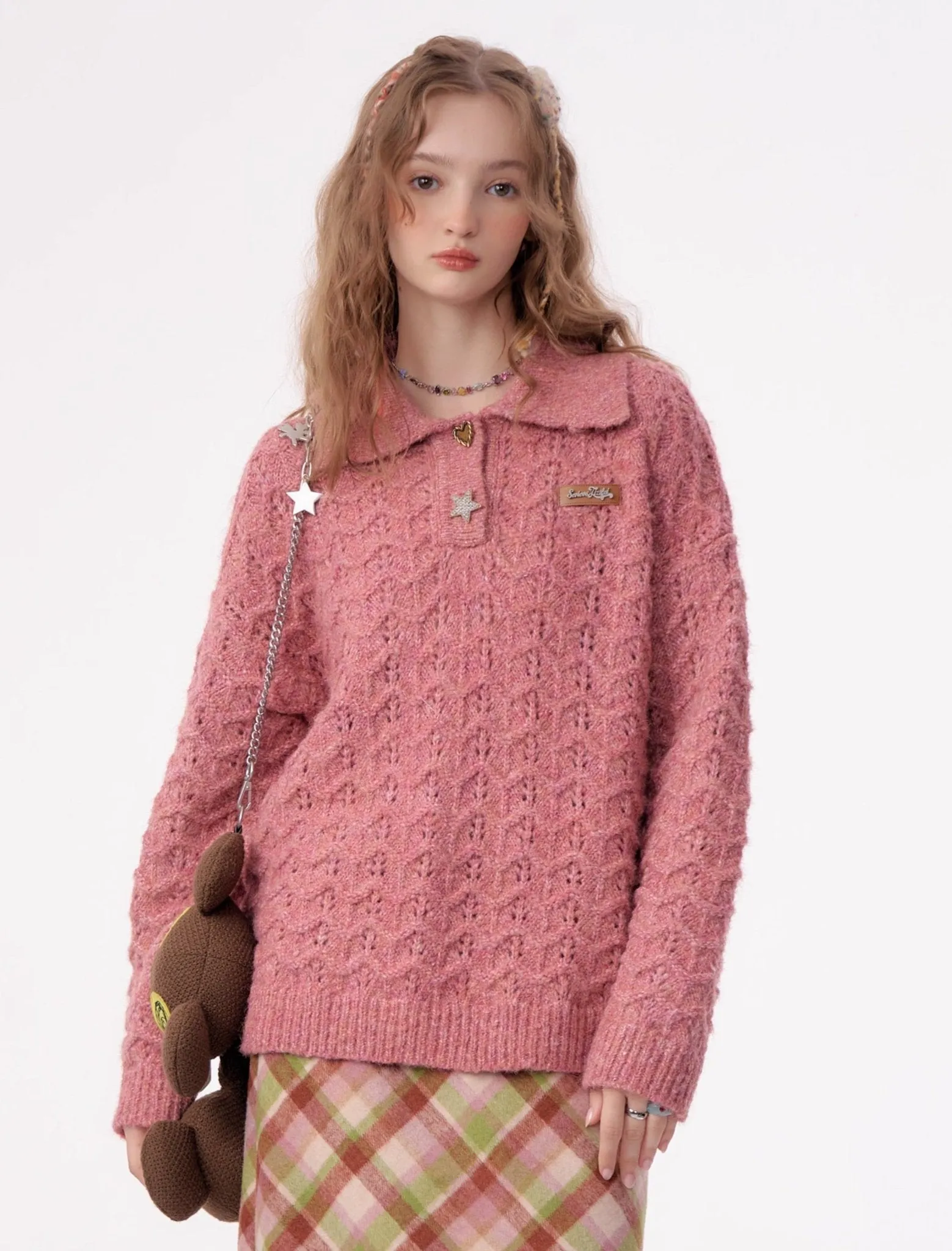 American Retro Gentle Hollow Texture Polo Collar Sweater ZIZ0009