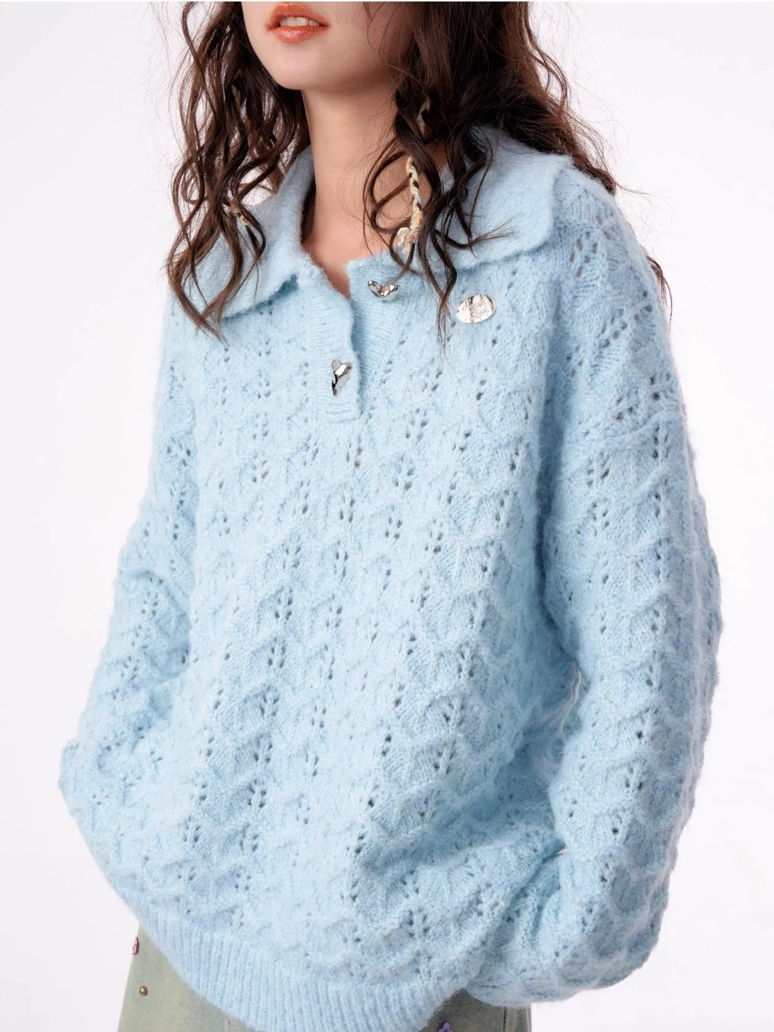 American Retro Gentle Hollow Texture Polo Collar Sweater ZIZ0009