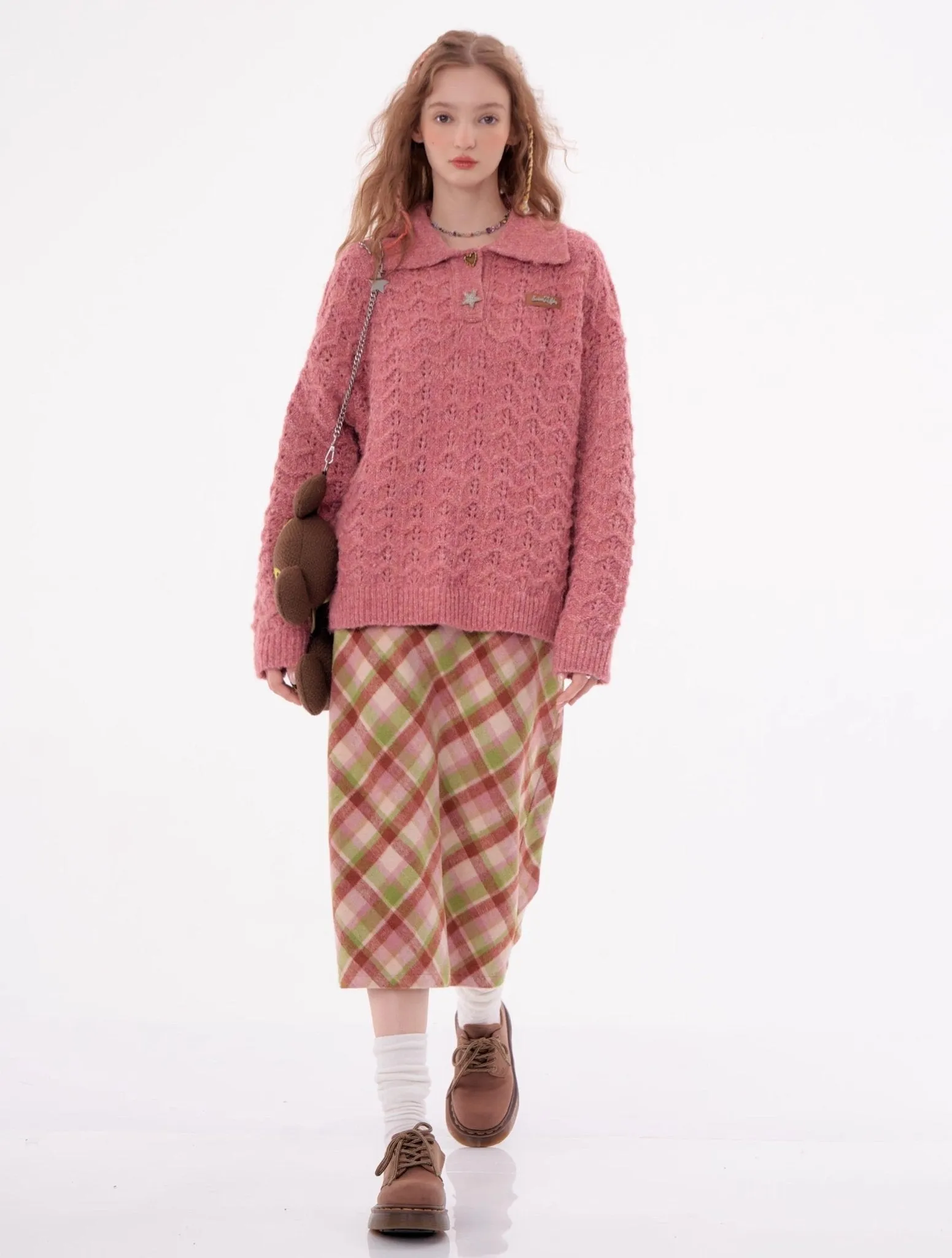 American Retro Gentle Hollow Texture Polo Collar Sweater ZIZ0009
