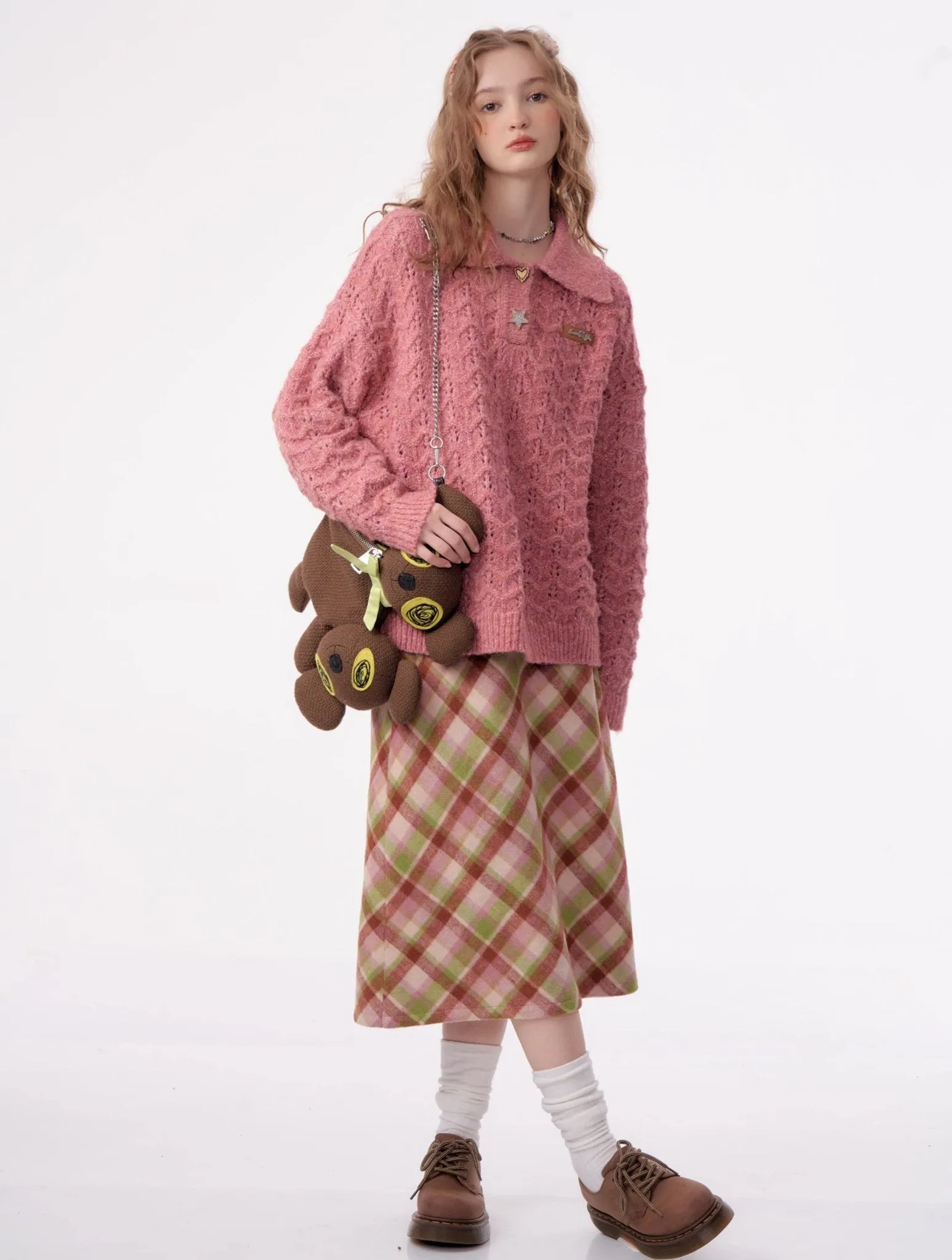 American Retro Gentle Hollow Texture Polo Collar Sweater ZIZ0009