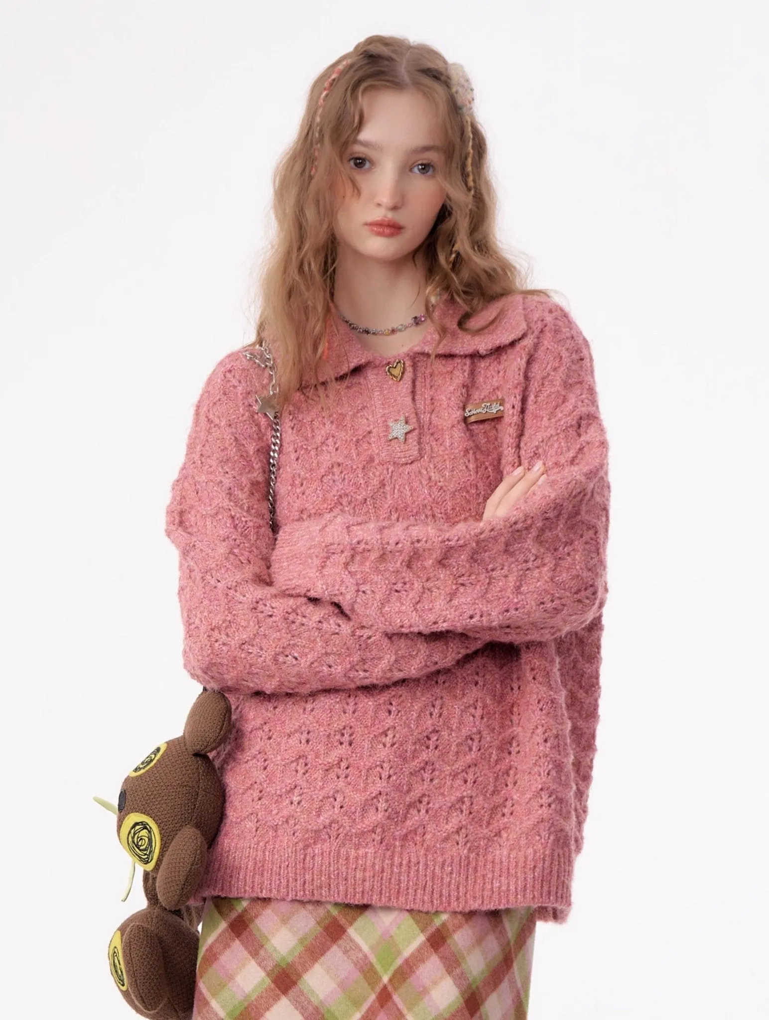 American Retro Gentle Hollow Texture Polo Collar Sweater ZIZ0009