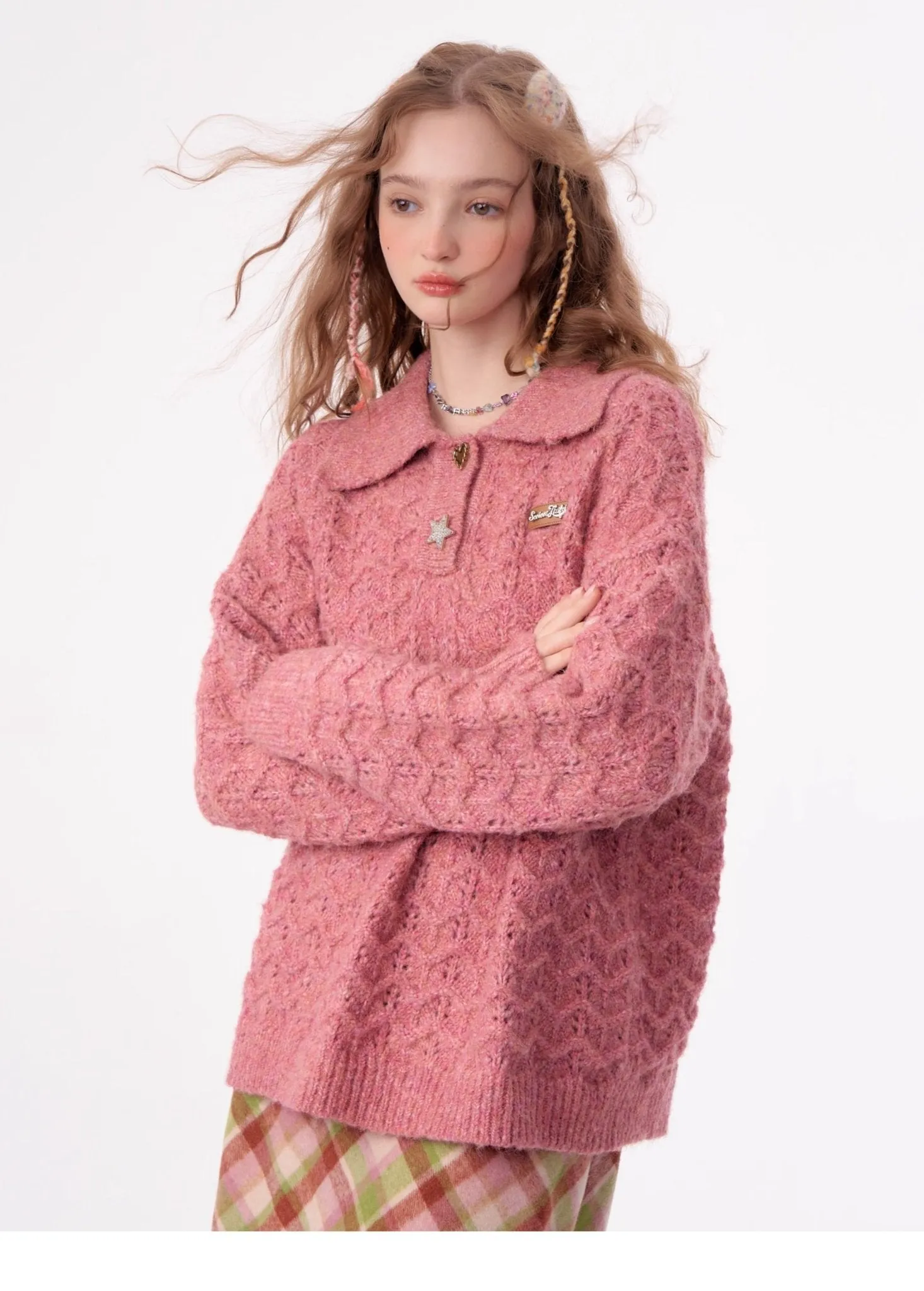American Retro Gentle Hollow Texture Polo Collar Sweater ZIZ0009