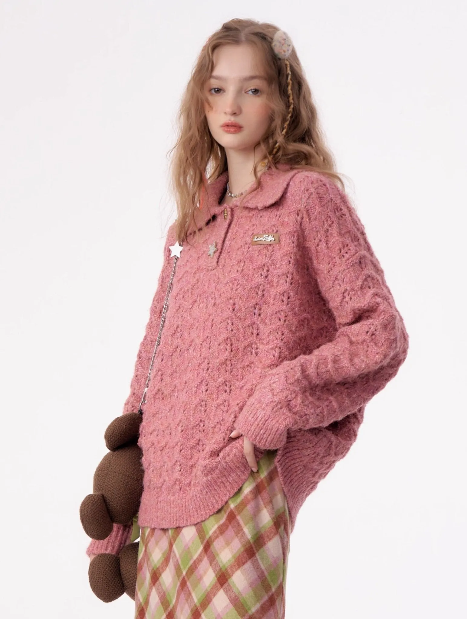 American Retro Gentle Hollow Texture Polo Collar Sweater ZIZ0009