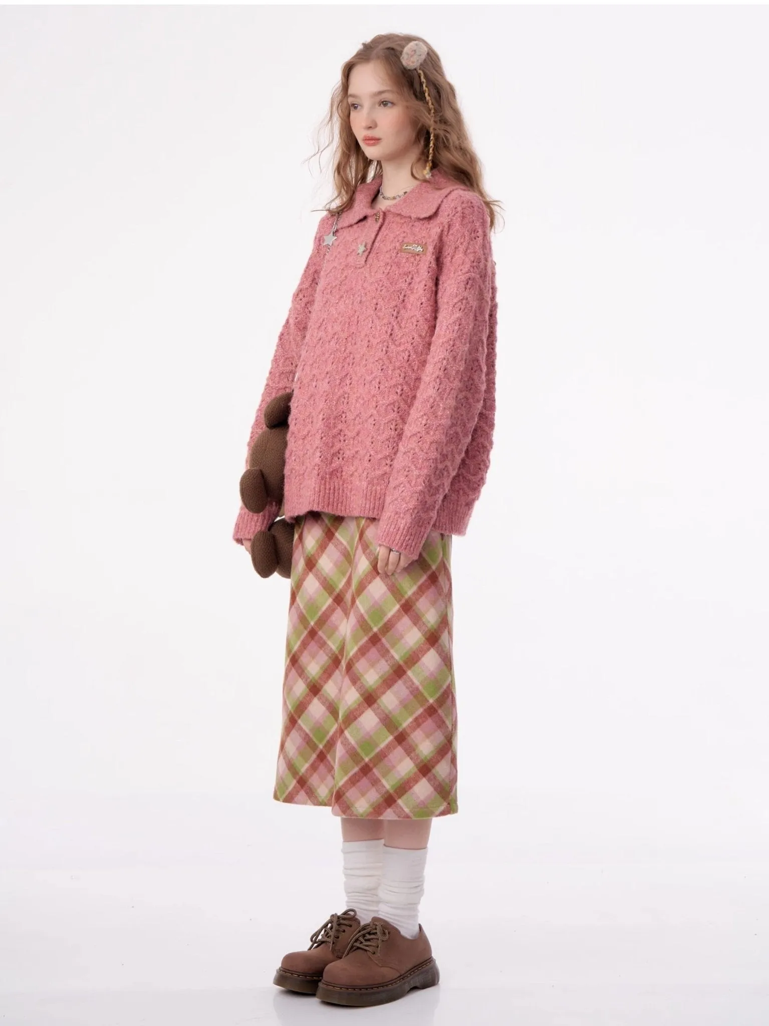 American Retro Gentle Hollow Texture Polo Collar Sweater ZIZ0009