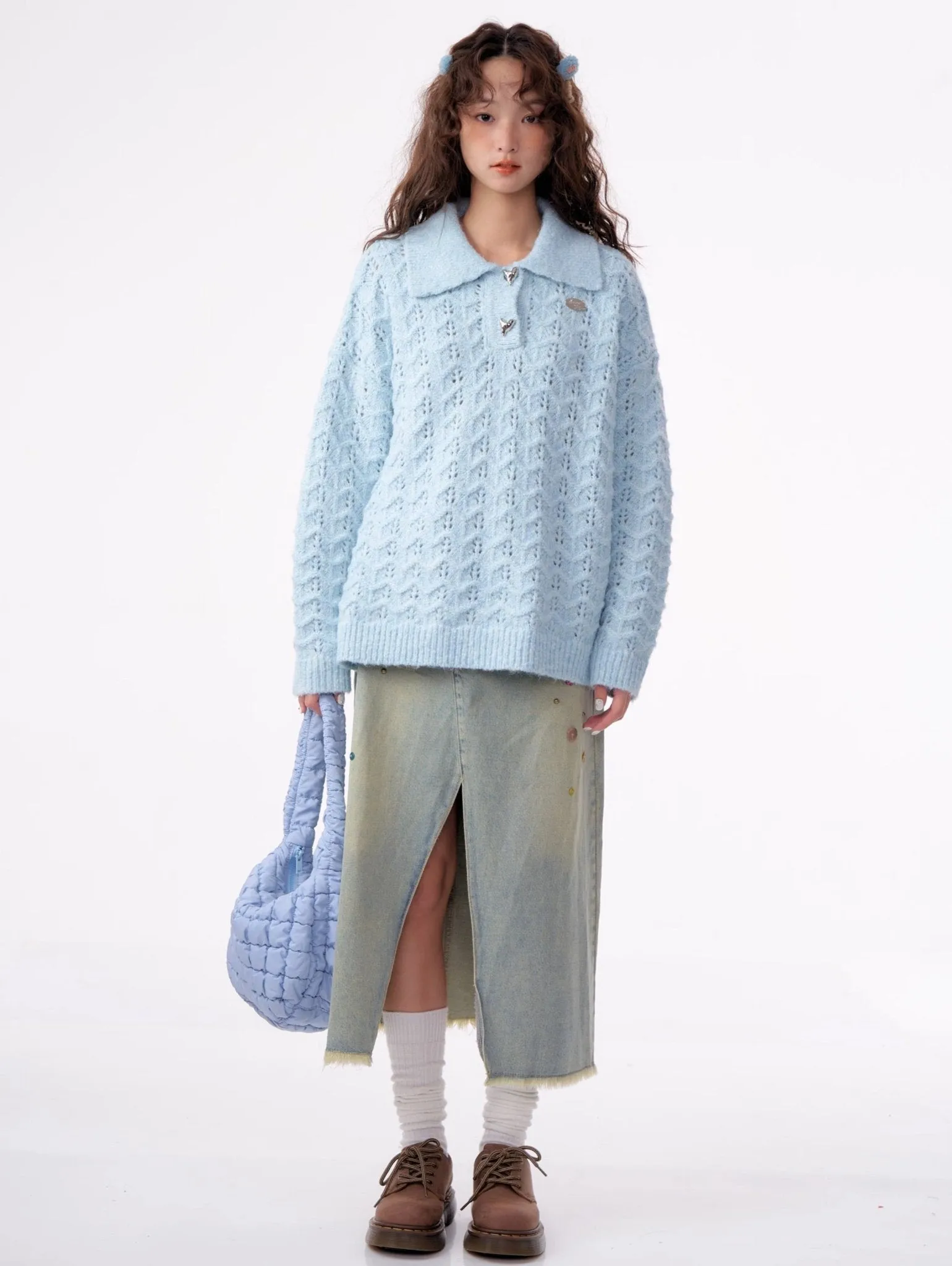 American Retro Gentle Hollow Texture Polo Collar Sweater ZIZ0009