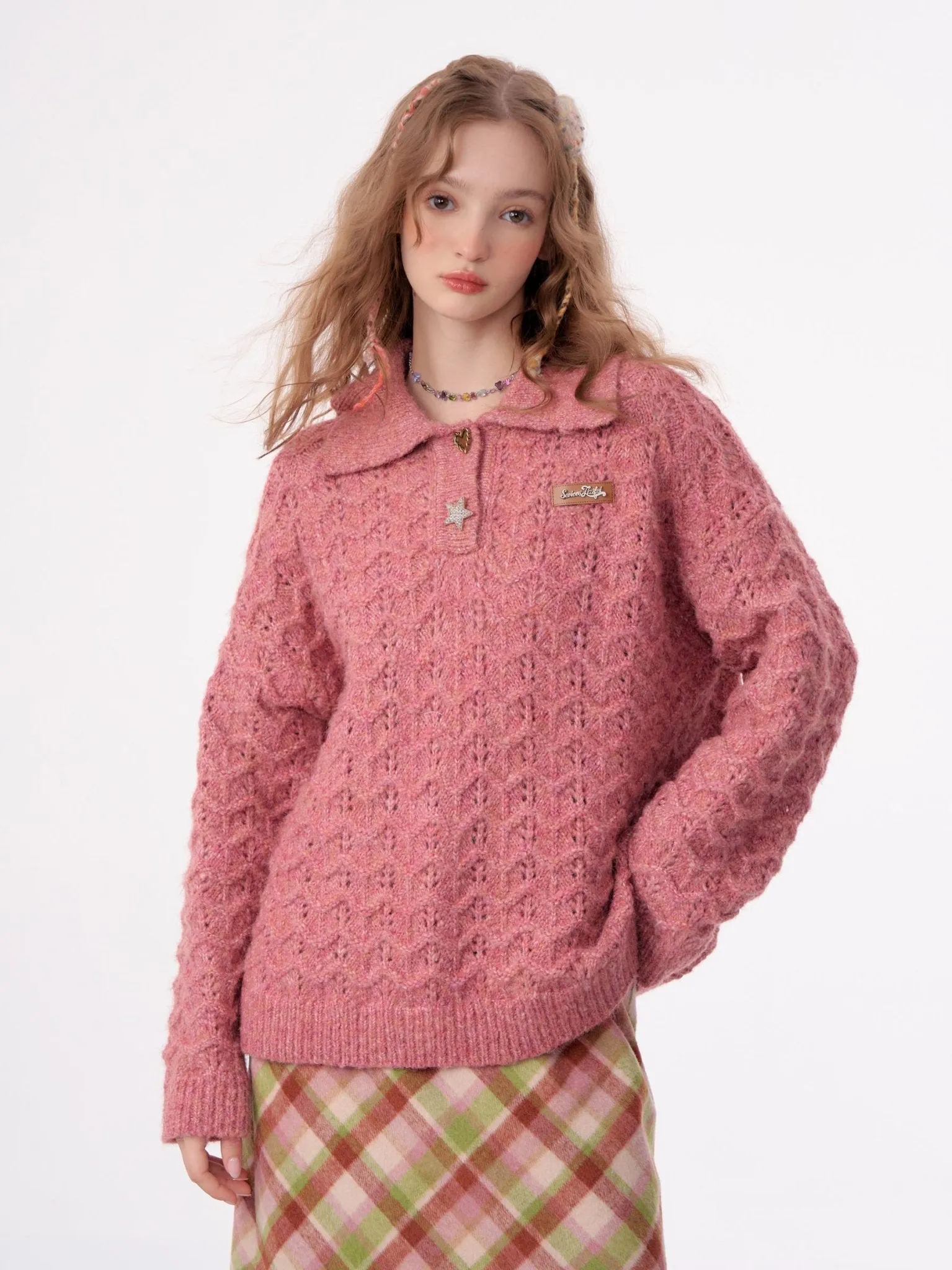 American Retro Gentle Hollow Texture Polo Collar Sweater ZIZ0009