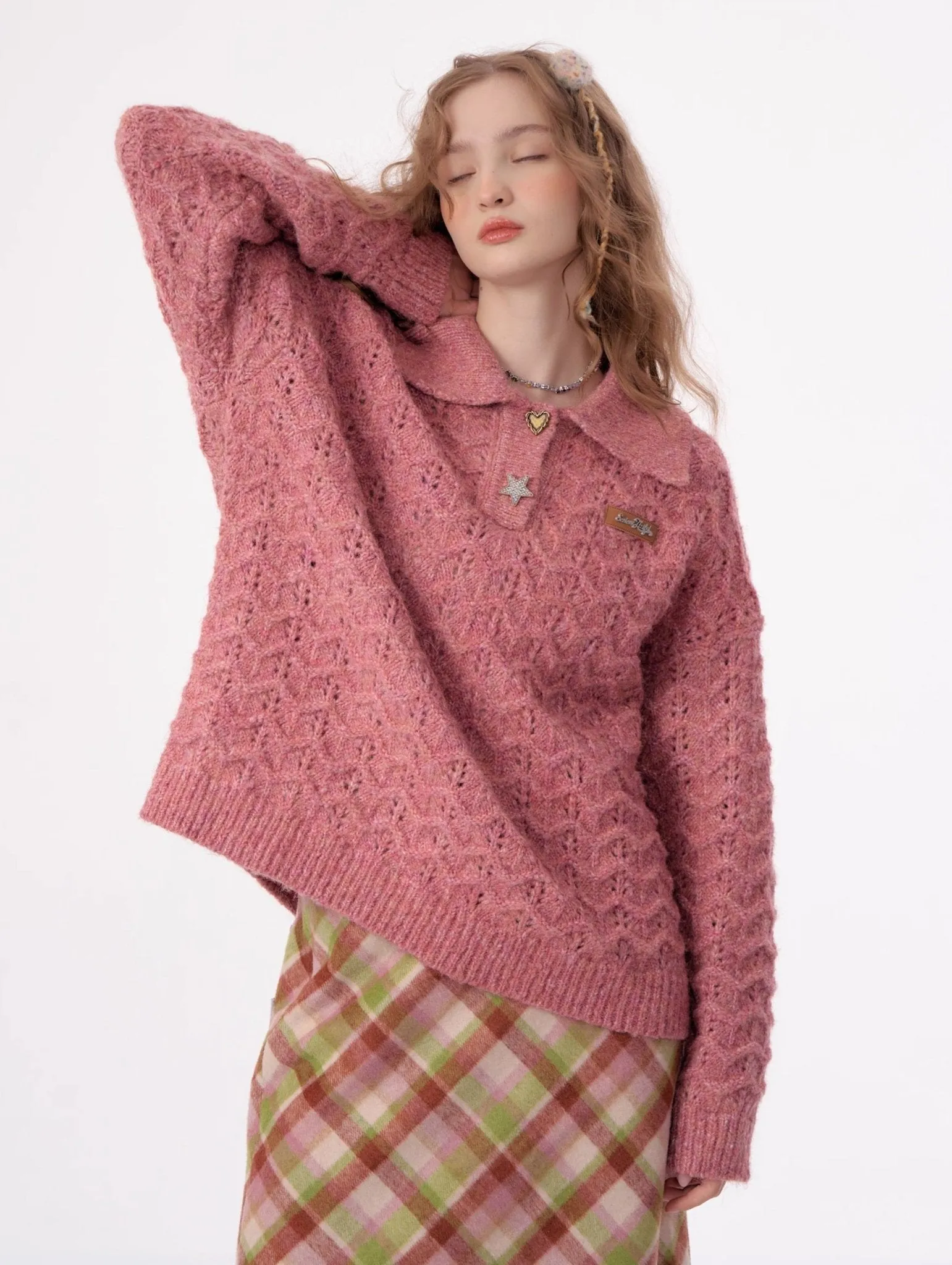 American Retro Gentle Hollow Texture Polo Collar Sweater ZIZ0009