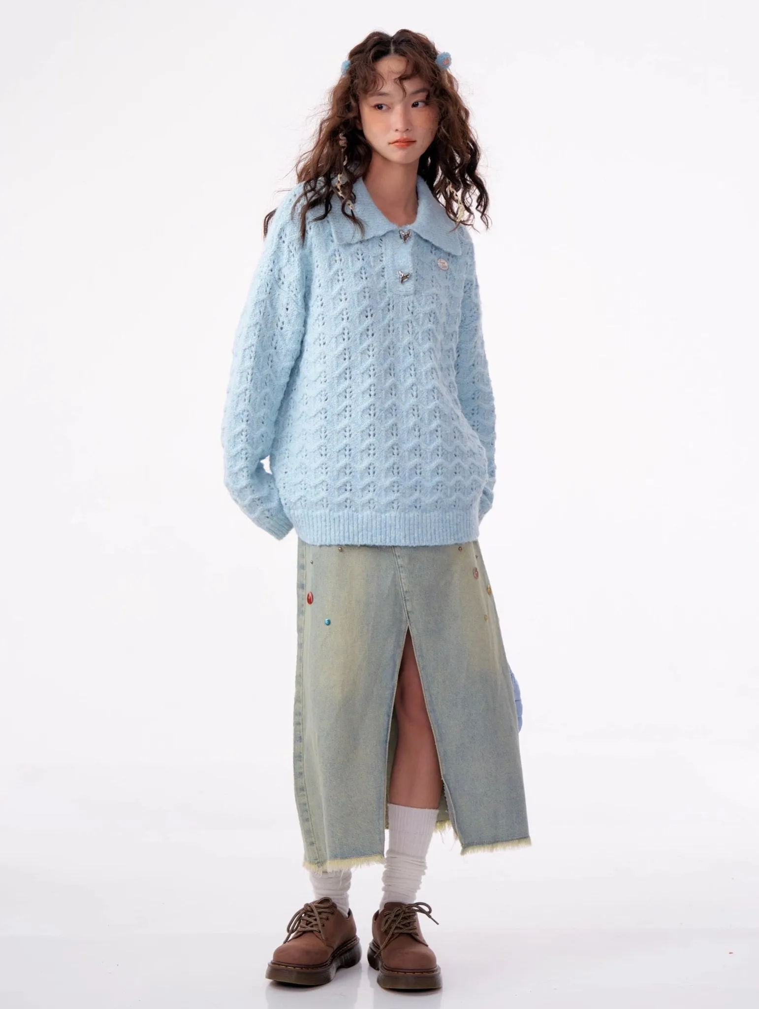 American Retro Gentle Hollow Texture Polo Collar Sweater ZIZ0009