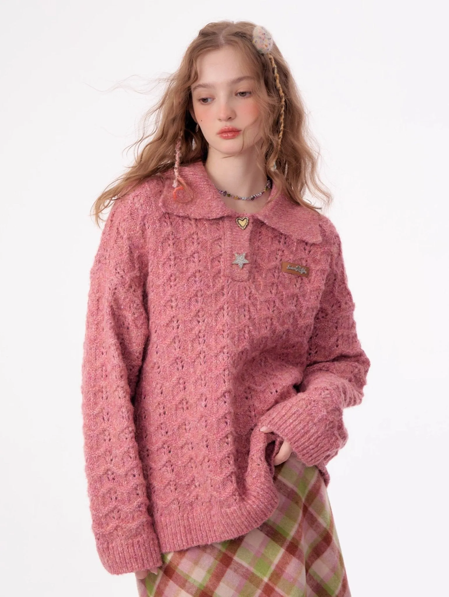 American Retro Gentle Hollow Texture Polo Collar Sweater ZIZ0009