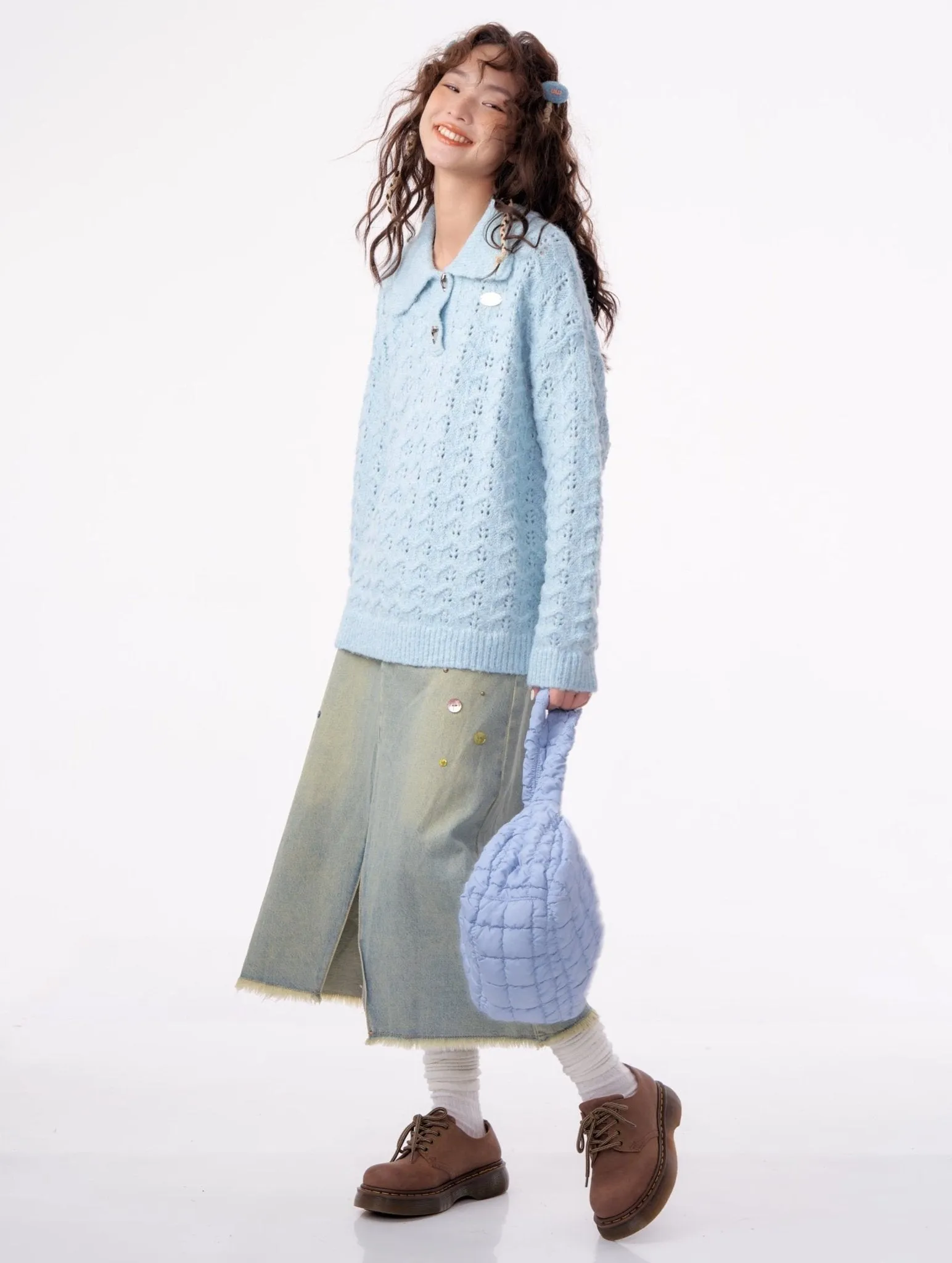 American Retro Gentle Hollow Texture Polo Collar Sweater ZIZ0009