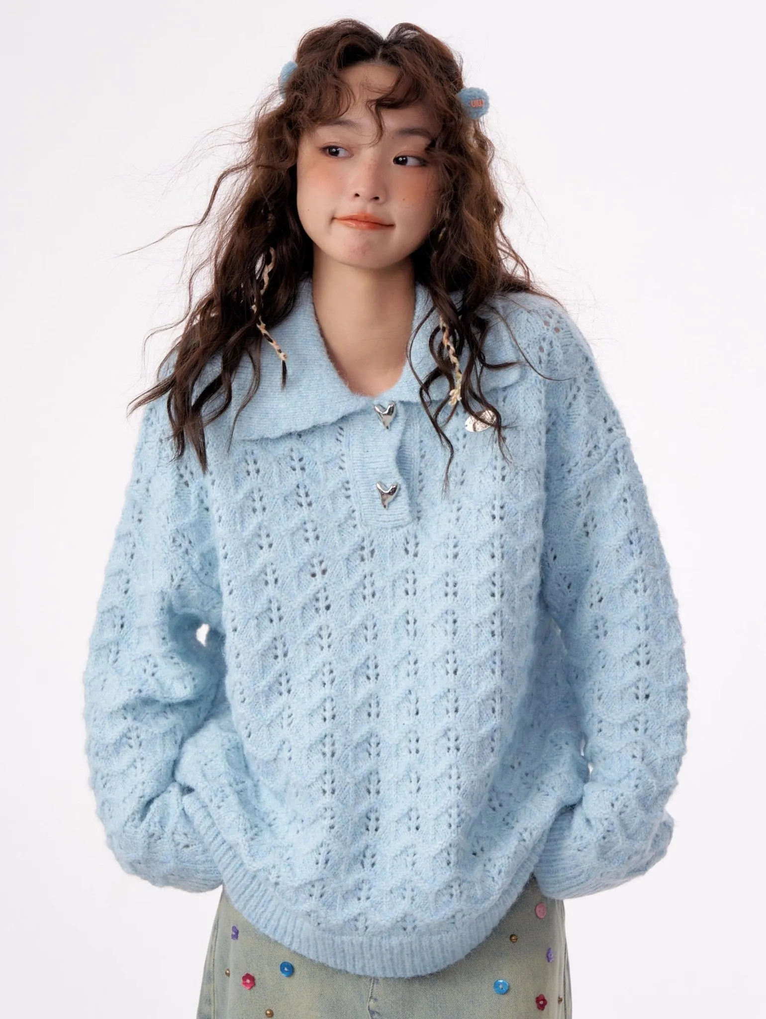 American Retro Gentle Hollow Texture Polo Collar Sweater ZIZ0009