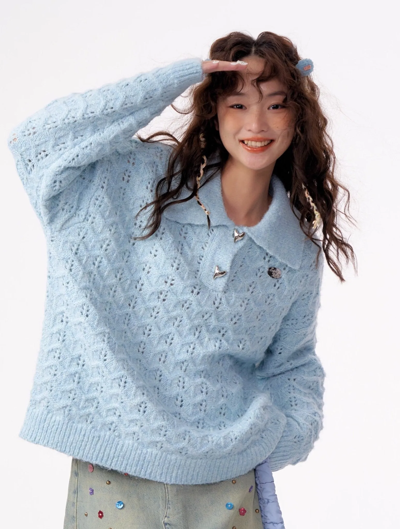 American Retro Gentle Hollow Texture Polo Collar Sweater ZIZ0009