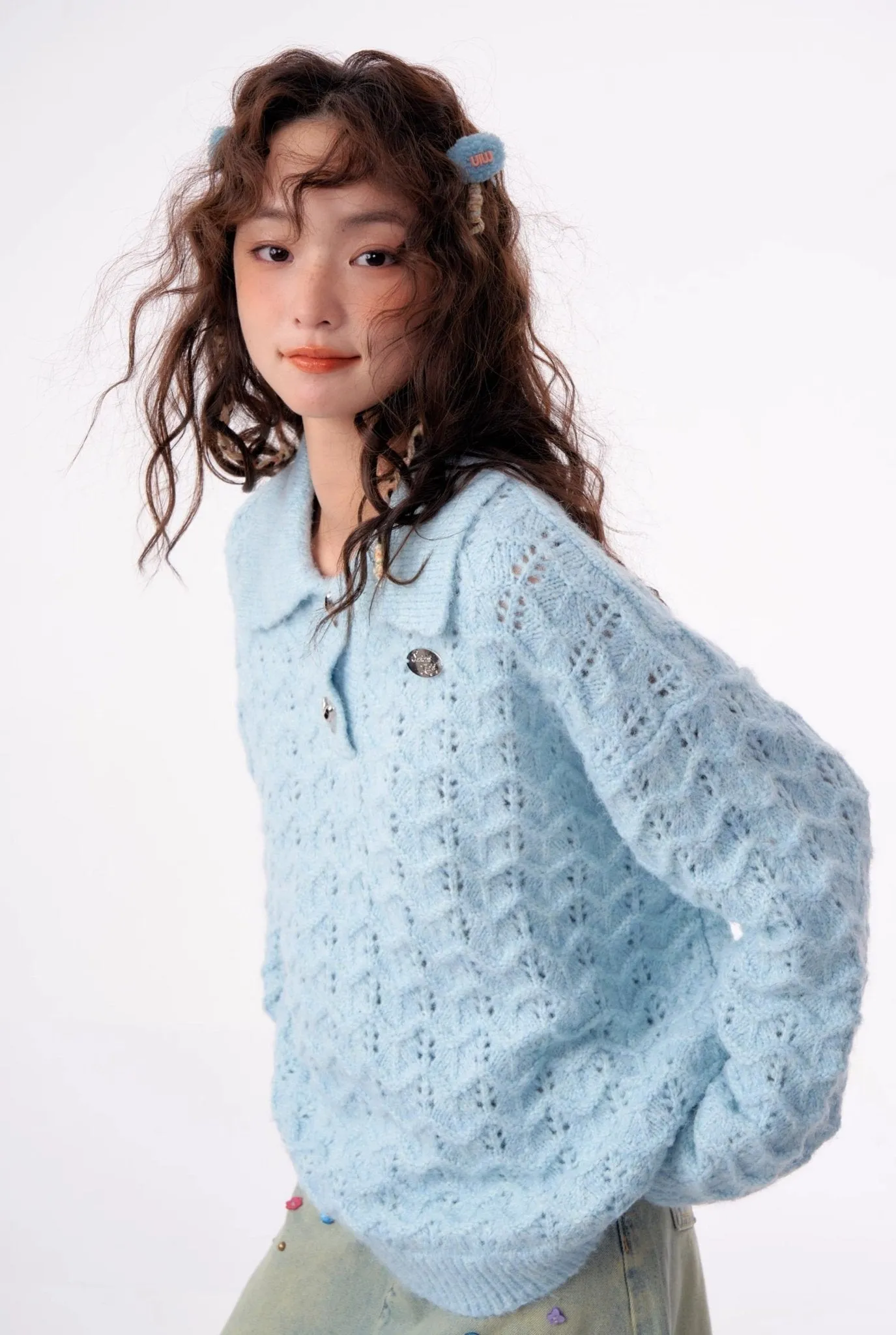 American Retro Gentle Hollow Texture Polo Collar Sweater ZIZ0009