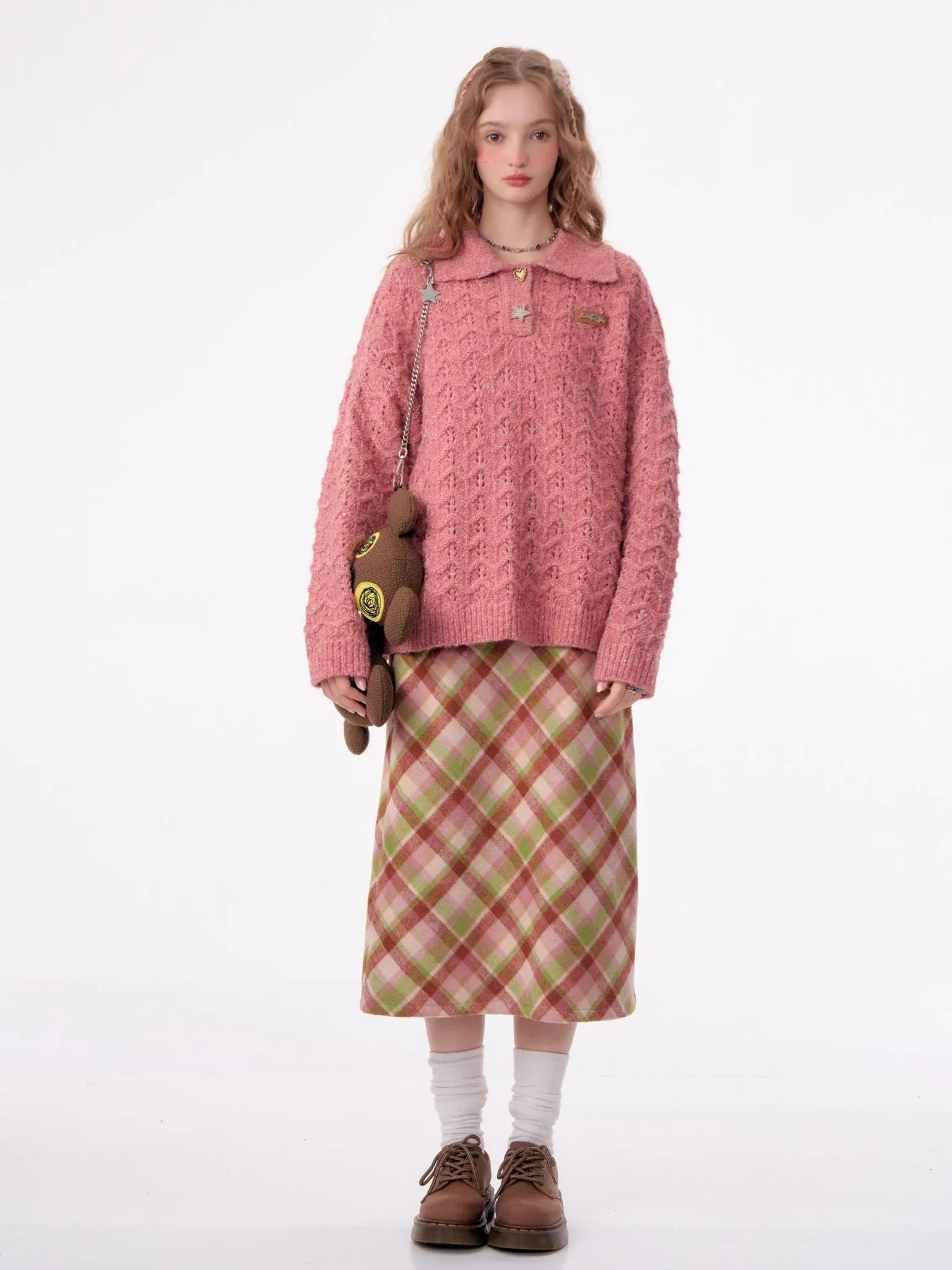 American Retro Gentle Hollow Texture Polo Collar Sweater ZIZ0009