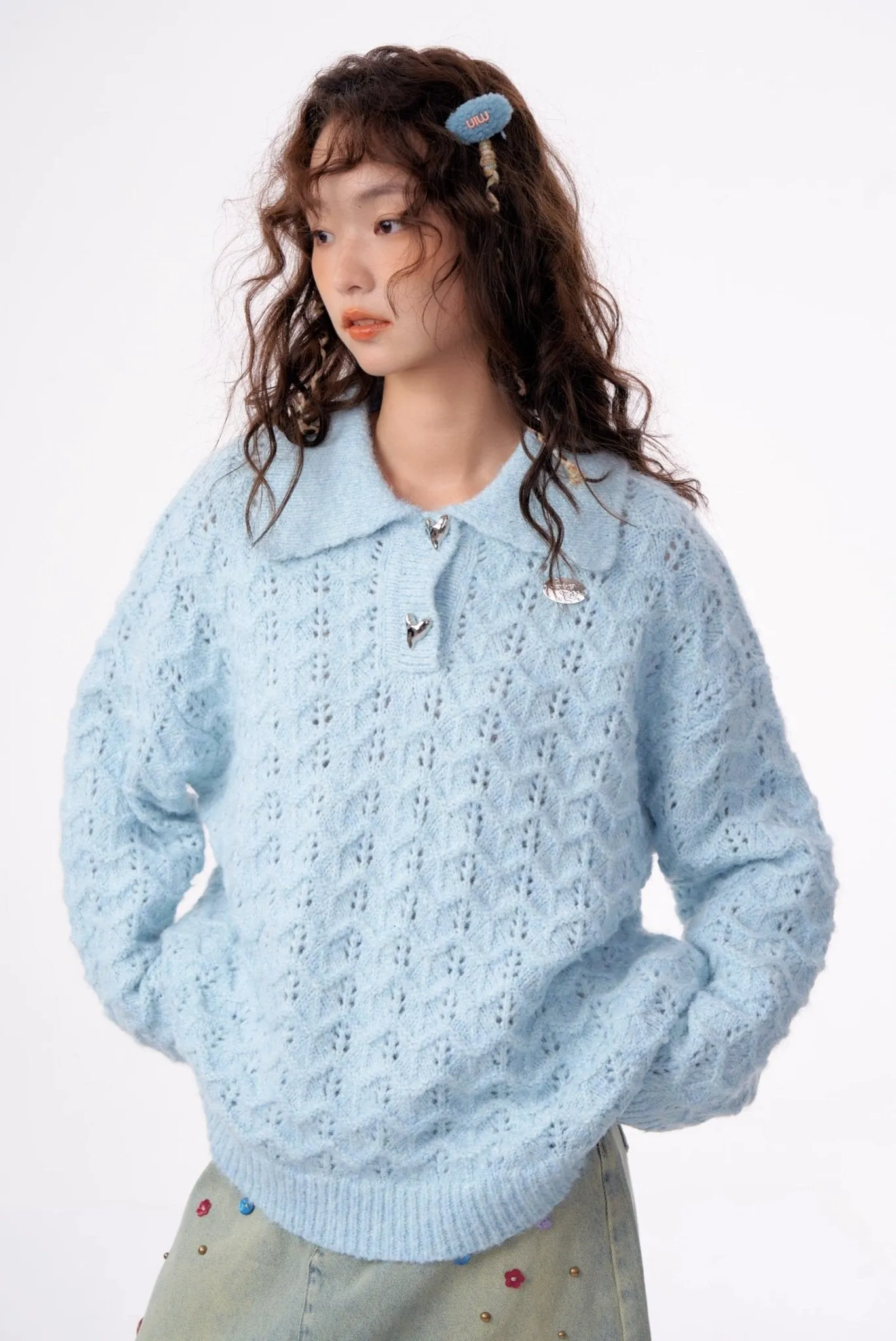 American Retro Gentle Hollow Texture Polo Collar Sweater ZIZ0009