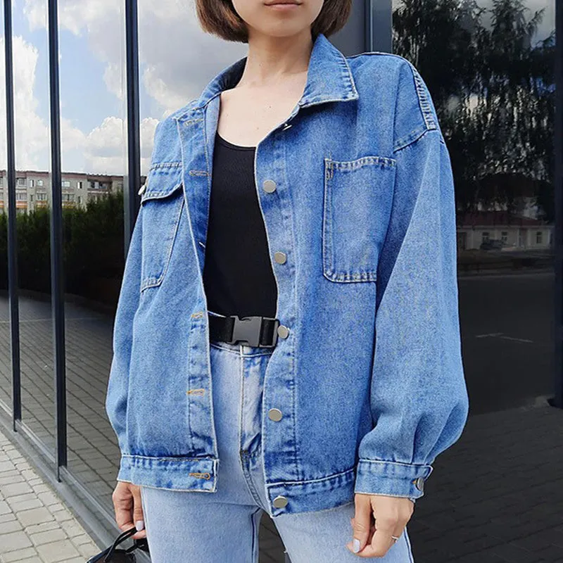 Blue Jean Denim Jacket Oversized Coat Winter Casual Big Pocket Jacket