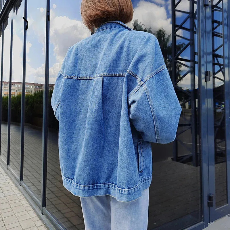 Blue Jean Denim Jacket Oversized Coat Winter Casual Big Pocket Jacket
