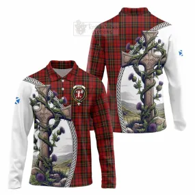 Brodie Tartan Long Sleeve Polo Shirt with Family Crest and St. Andrew's Cross Accented by Thistle Vines