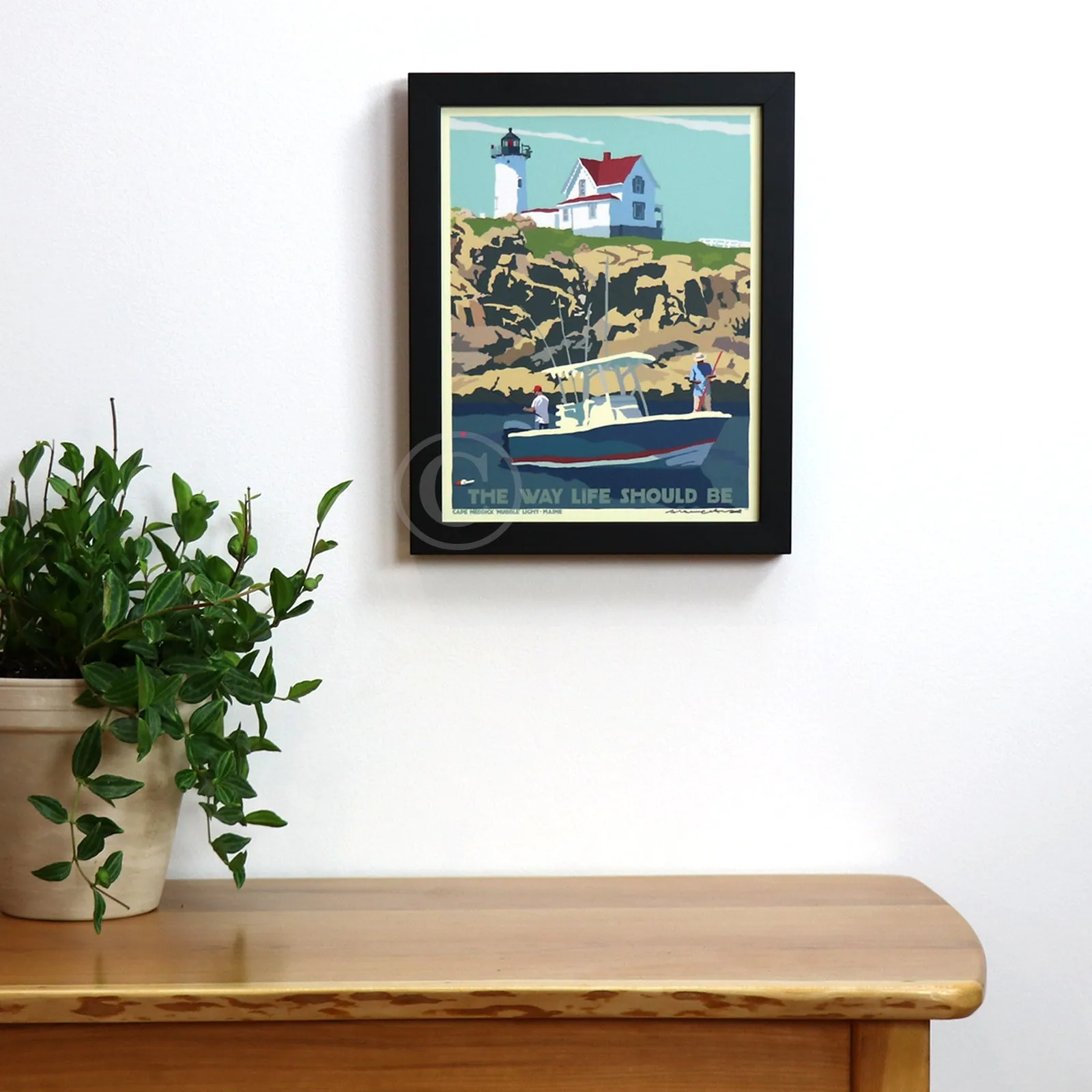 Fishing at the Nubble Art Print 8" x 10" Framed Travel Poster By Alan Claude - Maine