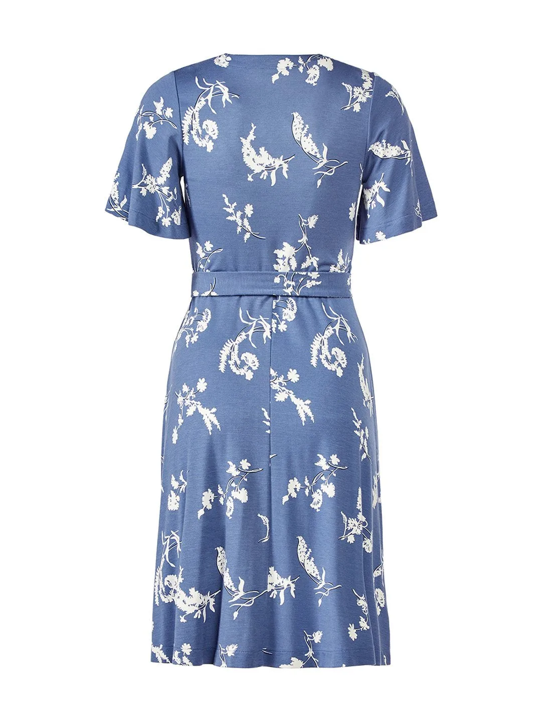 Floral Flutter Sleeve Wrap Dress in Washed Blueberry