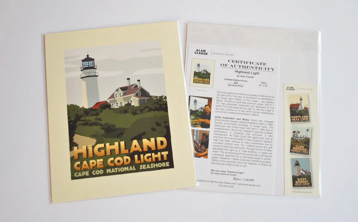 Highland Light Art Print 8" x 10" Travel Poster By Alan Claude - Massachusetts