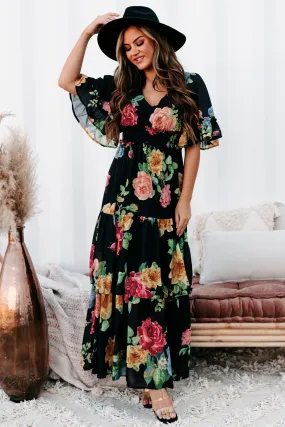 Irresistibly Charming Tiered Floral Maxi Dress (Black)