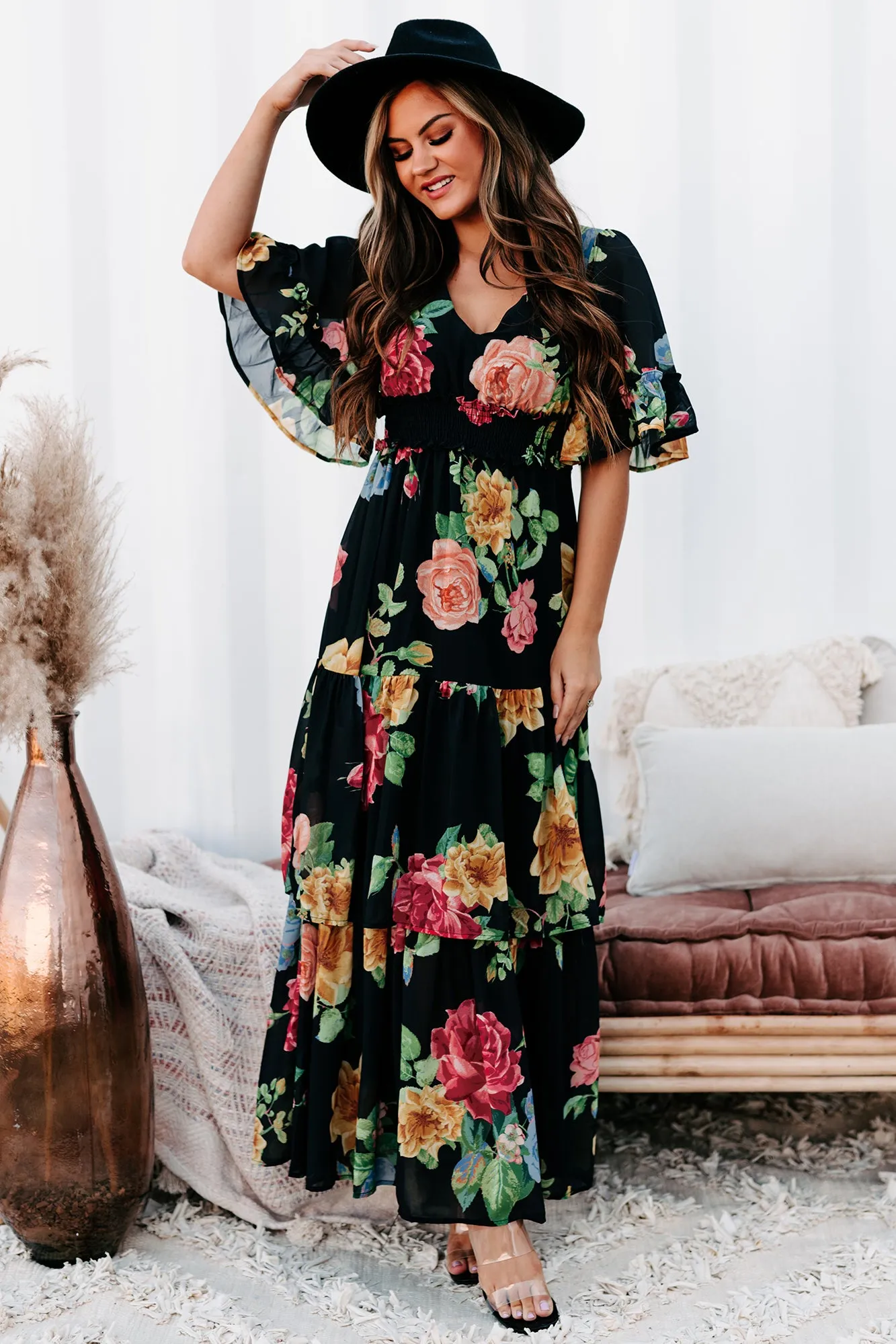 Irresistibly Charming Tiered Floral Maxi Dress (Black)