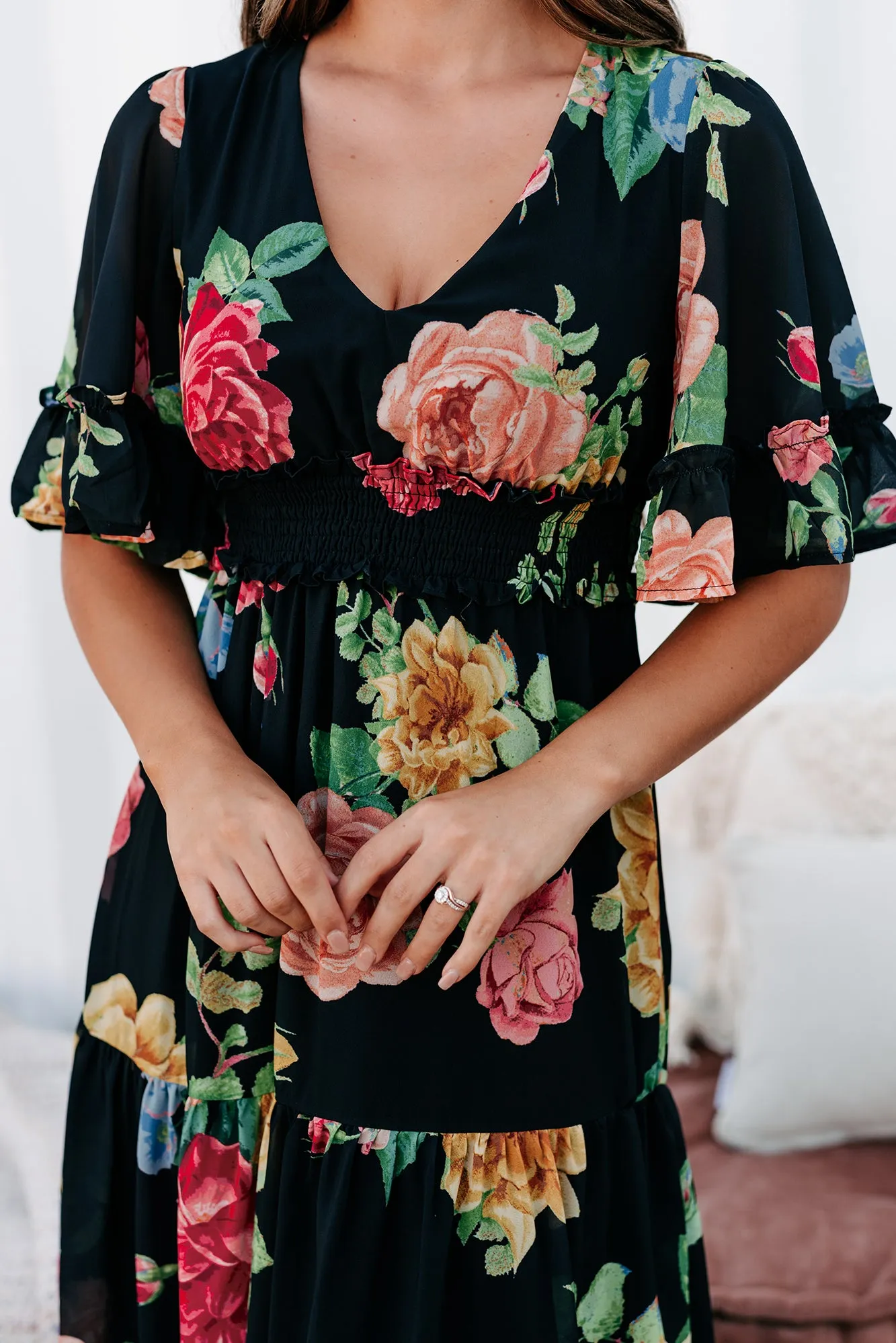 Irresistibly Charming Tiered Floral Maxi Dress (Black)