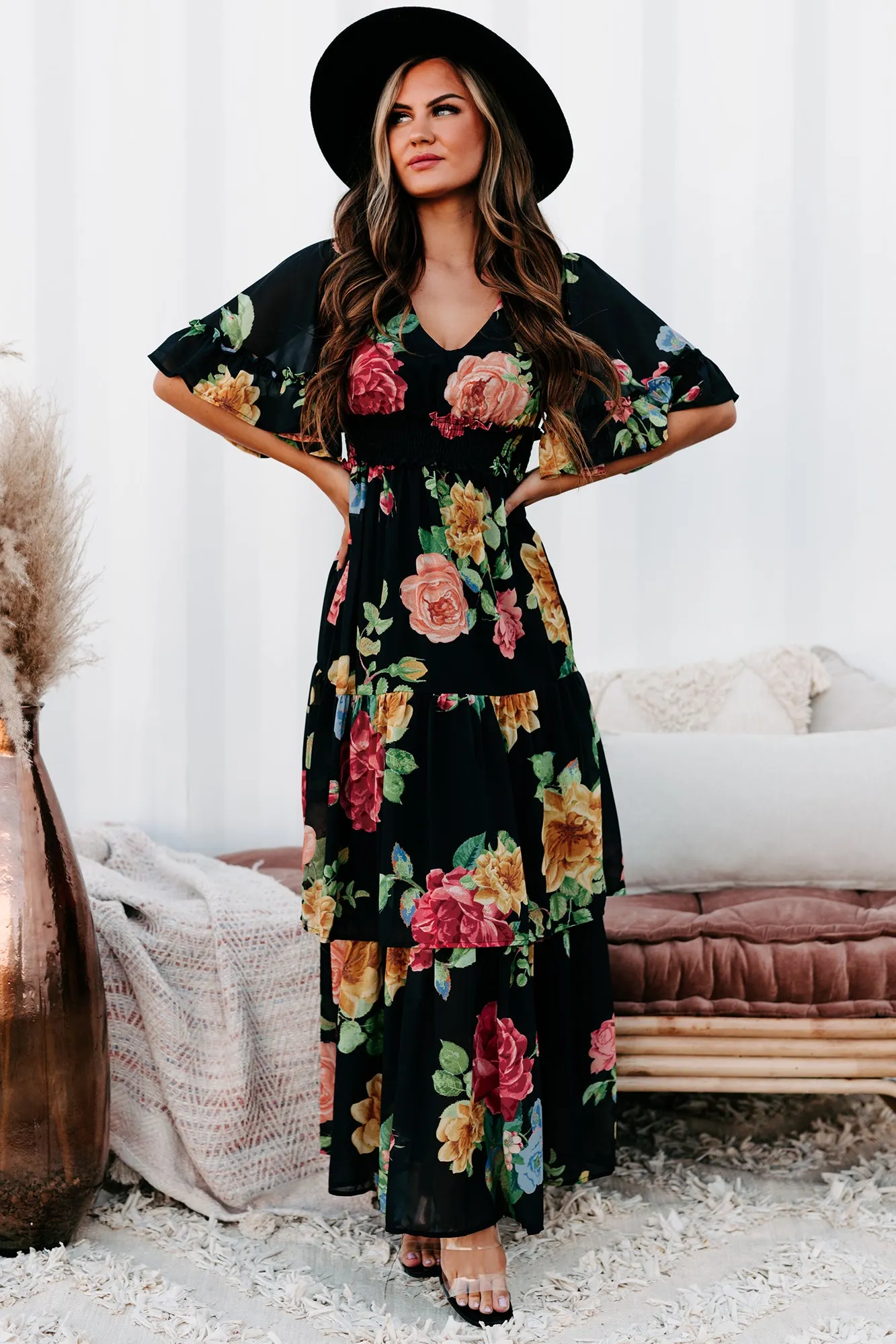 Irresistibly Charming Tiered Floral Maxi Dress (Black)