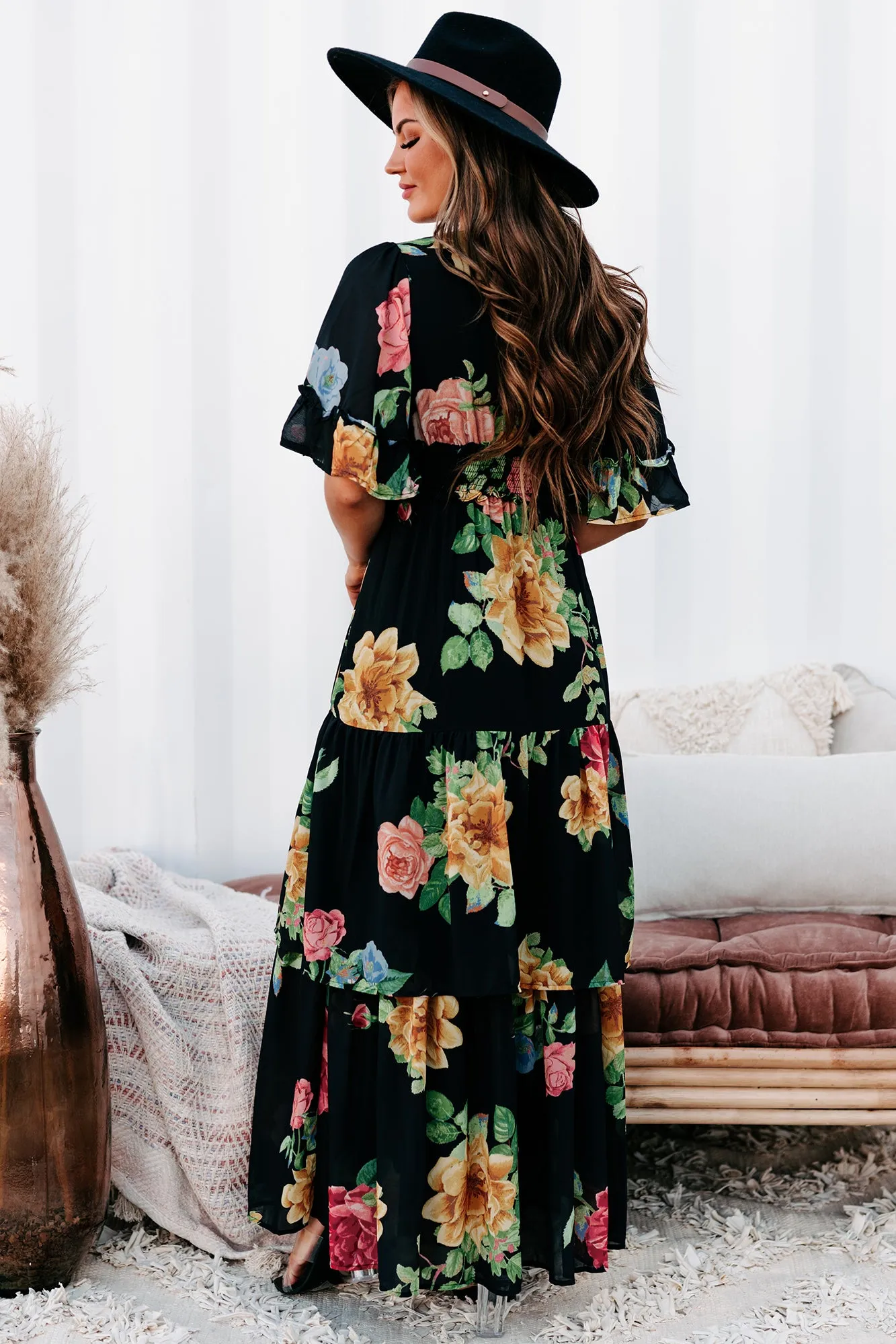 Irresistibly Charming Tiered Floral Maxi Dress (Black)