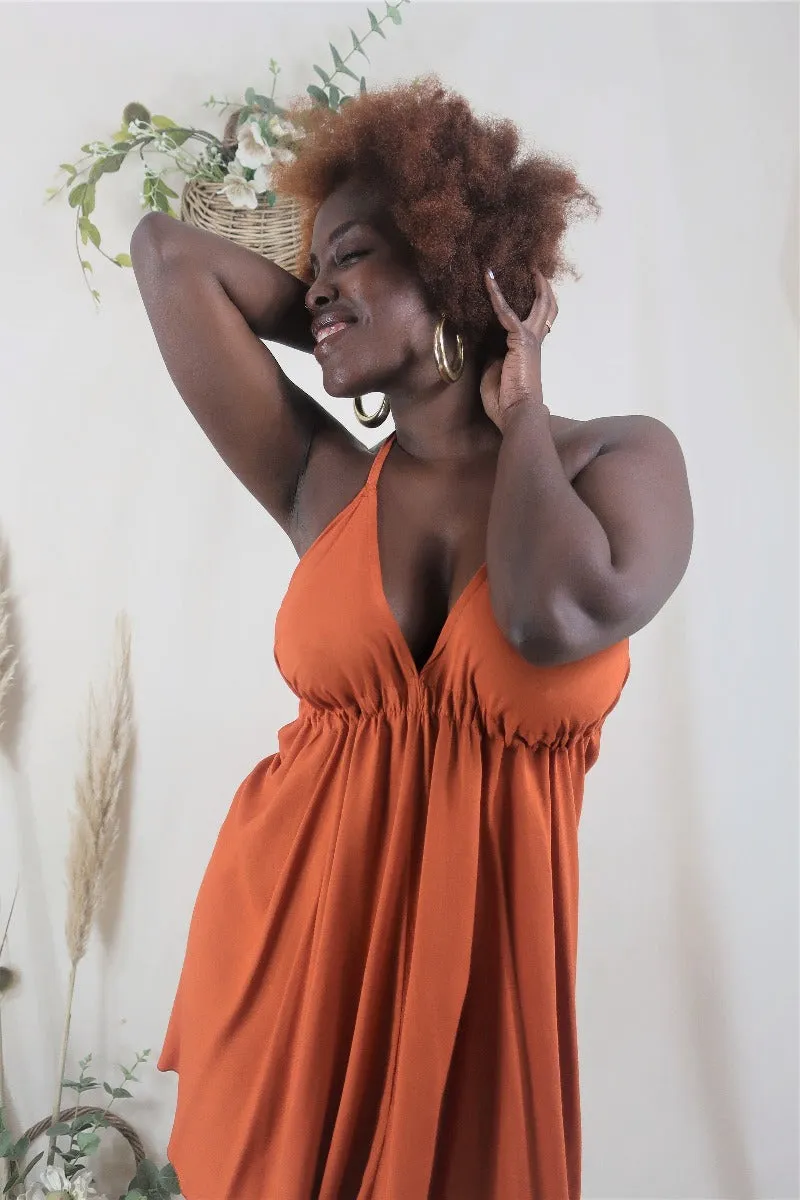 Khroma Medusa Mini Halter Dress in Burnt Orange  - Free Size
