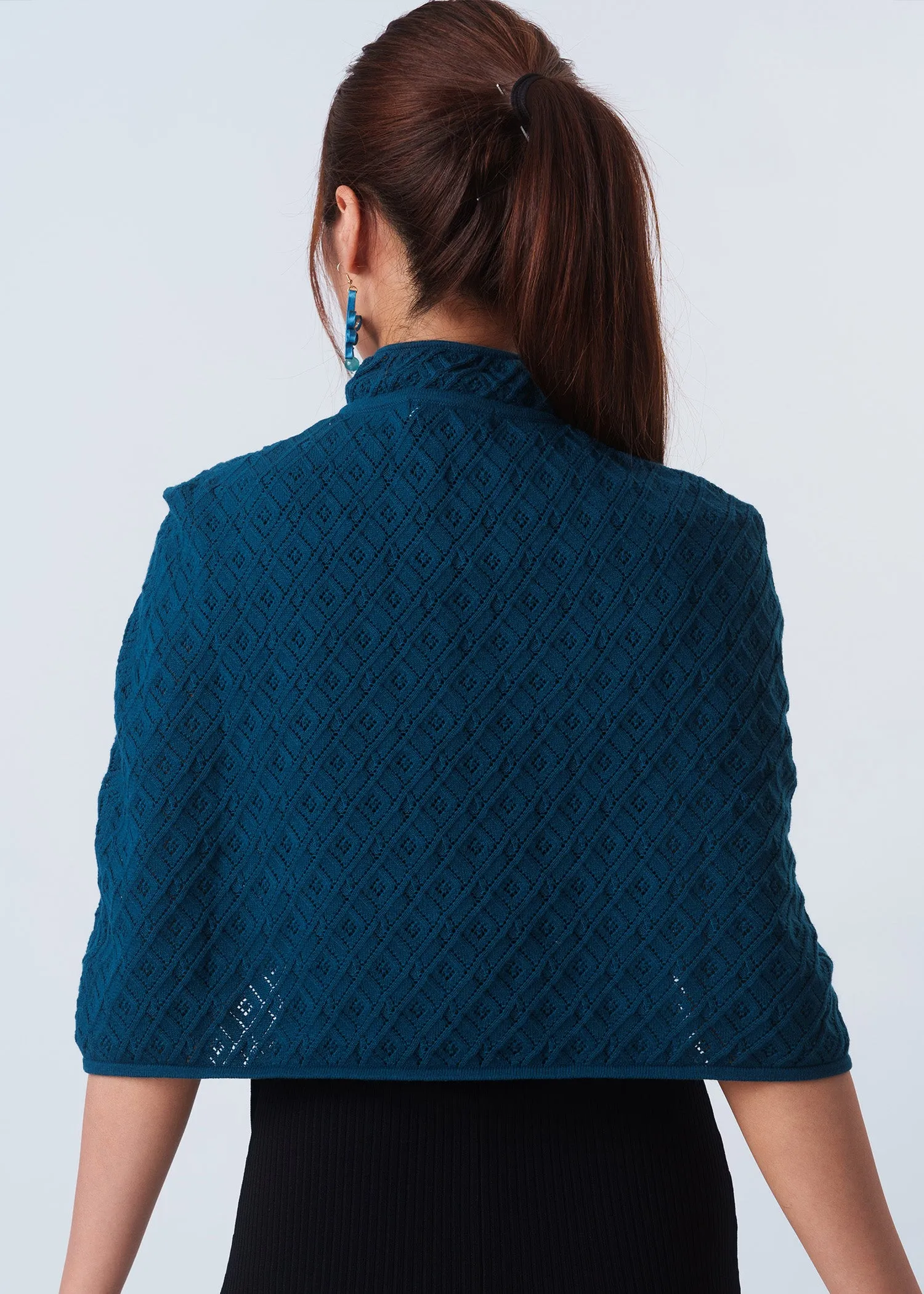 Knitted Qipao Cape w Pankou (Peacock Blue)