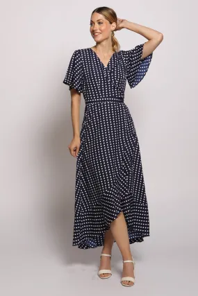 Polka Dot Wrap Dress with Flared Sleeves - NAVY