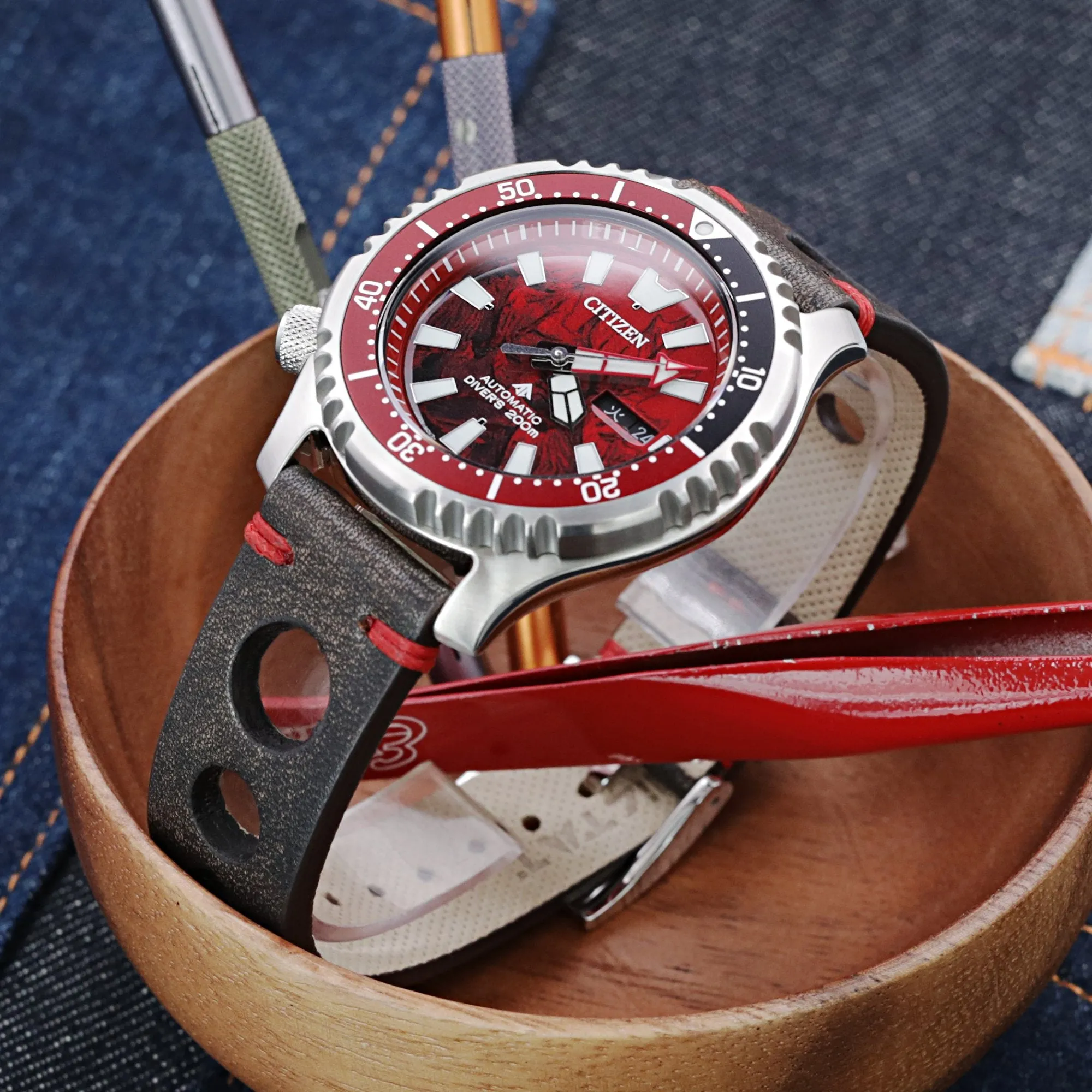 Q.R. 20mm Blackish Brown Leather Italian Handmade Racer strap, Red St.