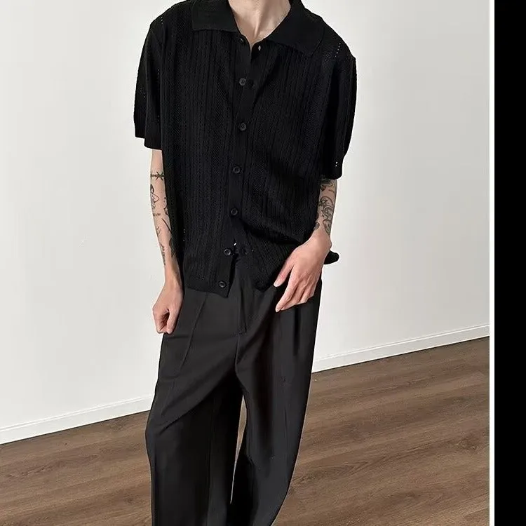 Riolio frat boy outfit Strict Selection American Retro Hollow Lapel Short-Sleeved Sweater Men's Fashionable Loose Lazy Lace Shirt Cardigan Top