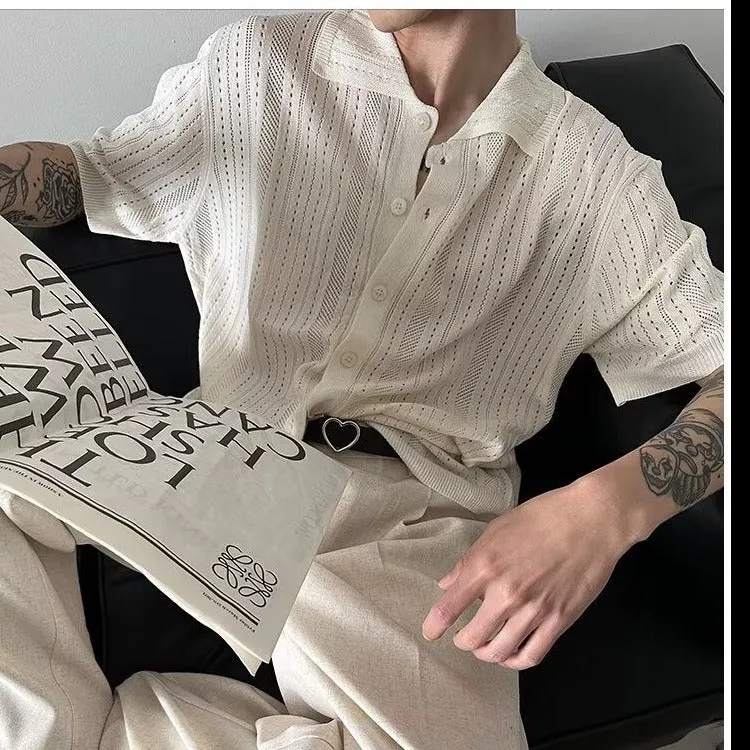 Riolio frat boy outfit Strict Selection American Retro Hollow Lapel Short-Sleeved Sweater Men's Fashionable Loose Lazy Lace Shirt Cardigan Top