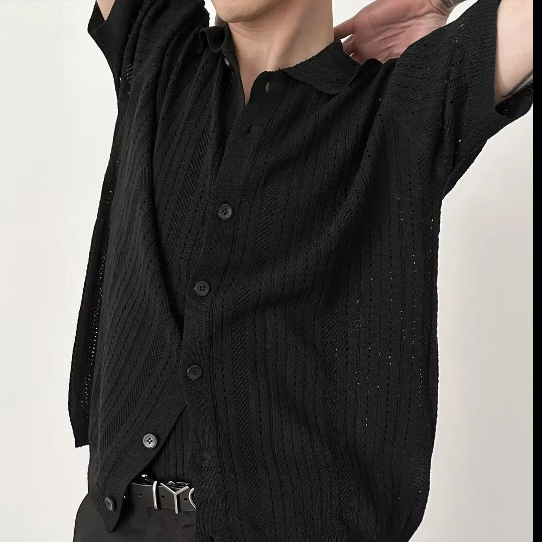 Riolio frat boy outfit Strict Selection American Retro Hollow Lapel Short-Sleeved Sweater Men's Fashionable Loose Lazy Lace Shirt Cardigan Top