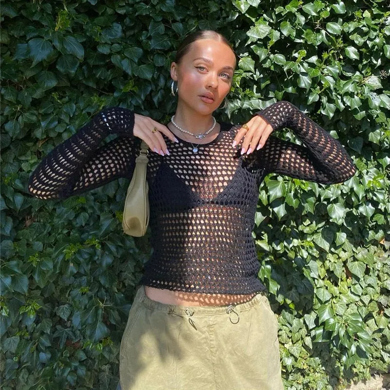 Sonicelife  Y2K Hollow Out Cropped Knit Smock Top Women Vintage Loose Distressed Crochet Pullovers Crop Tops Fairy Grunge Sweater Cover-Up