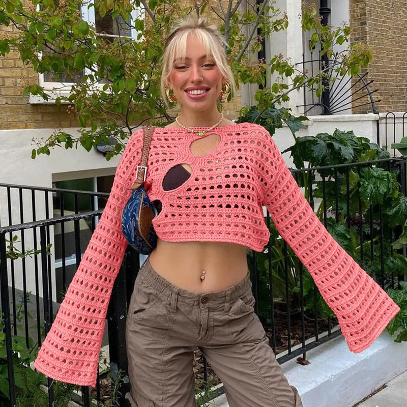Sonicelife  Y2K Hollow Out Cropped Knit Smock Top Women Vintage Loose Distressed Crochet Pullovers Crop Tops Fairy Grunge Sweater Cover-Up