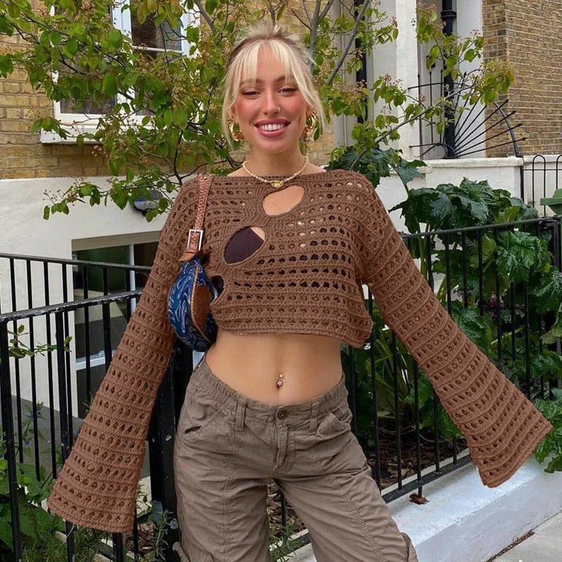 Sonicelife  Y2K Hollow Out Cropped Knit Smock Top Women Vintage Loose Distressed Crochet Pullovers Crop Tops Fairy Grunge Sweater Cover-Up